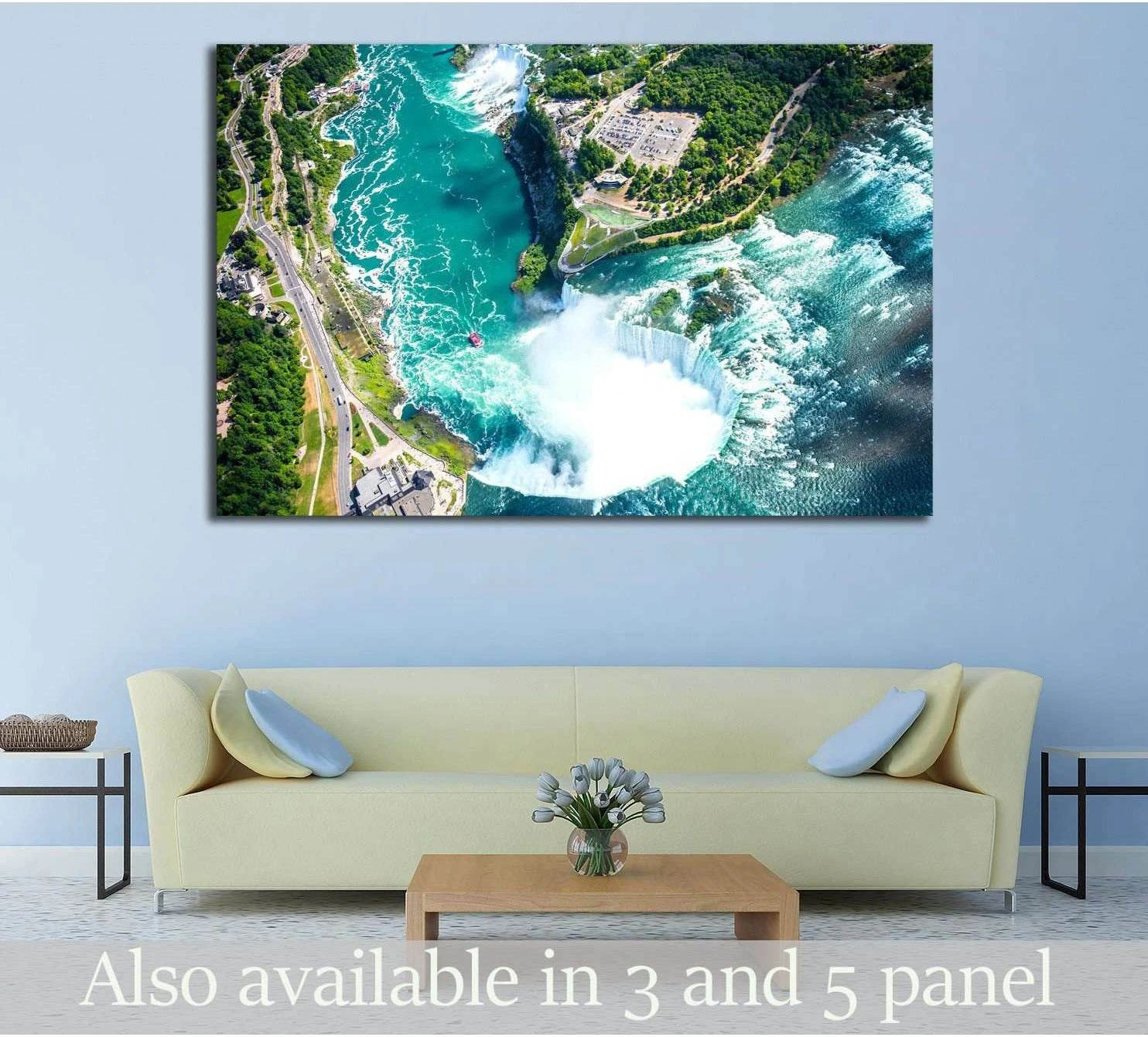 Aerial Niagara Falls canvas print showing Canadian Horseshoe Falls above a sofa in a modern living room