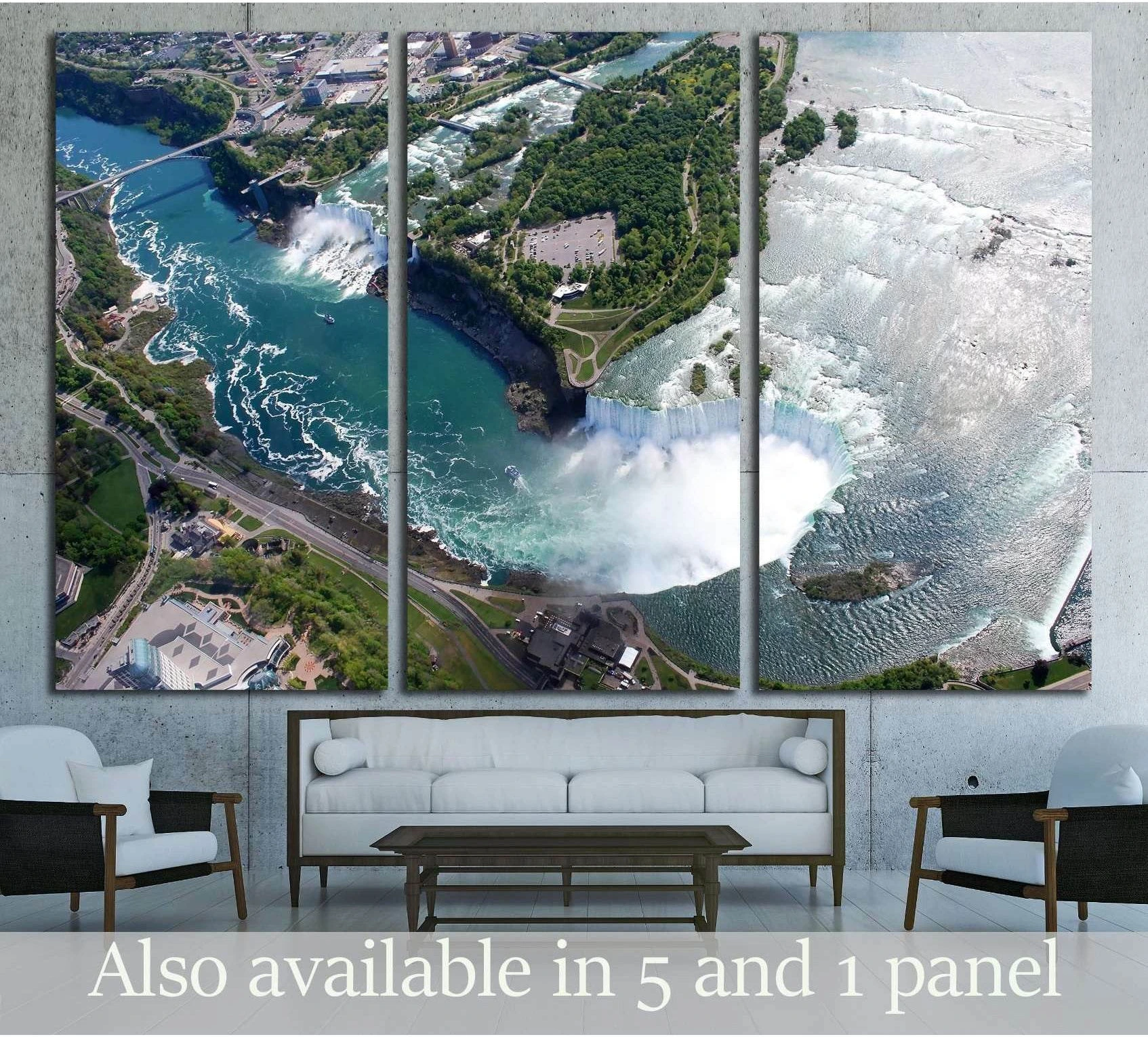 Niagara Falls aerial canvas print showing Horseshoe and American Falls above sofa