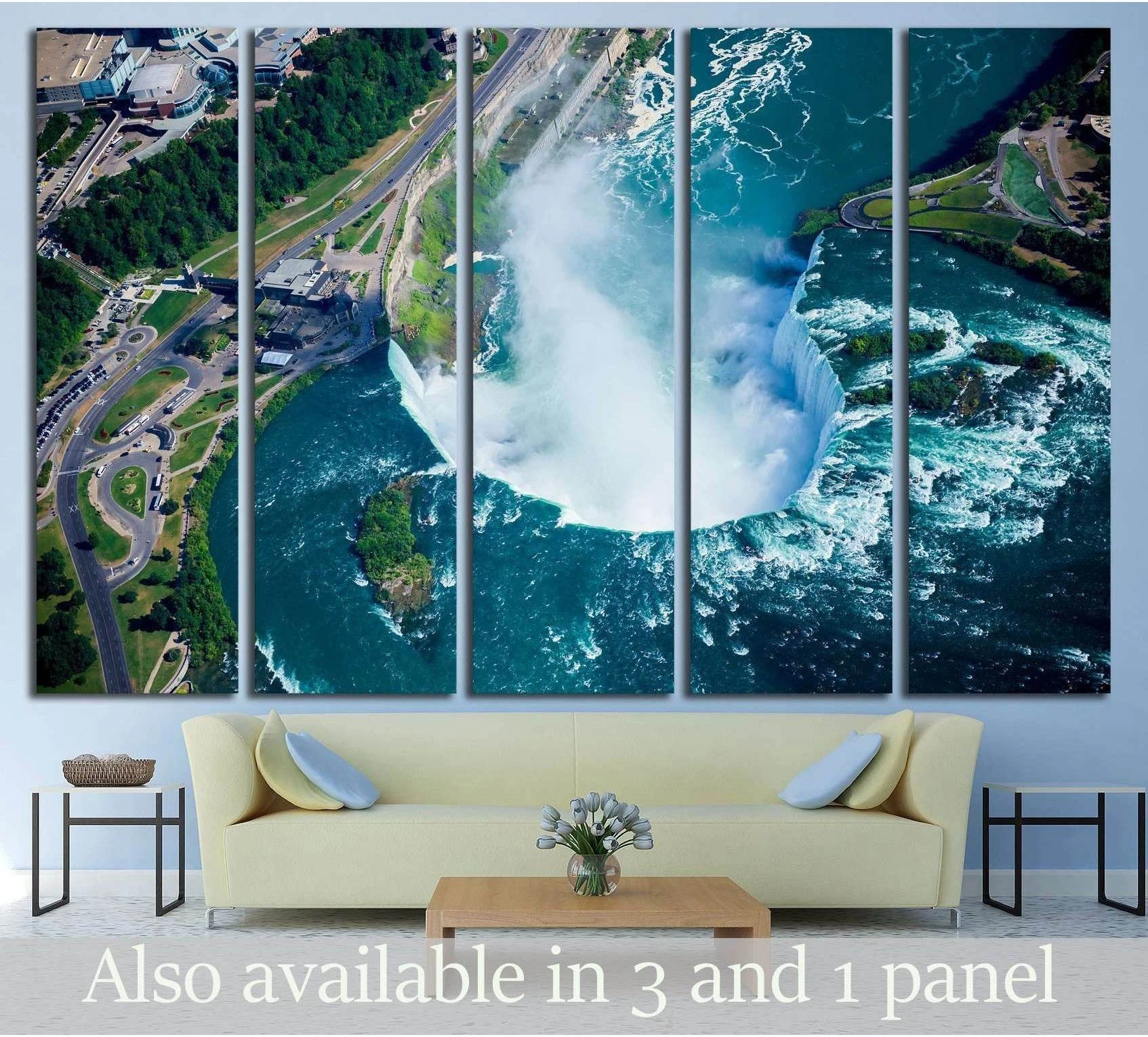 Niagara Falls aerial canvas print showing Horseshoe Falls from the Canadian side above a sofa