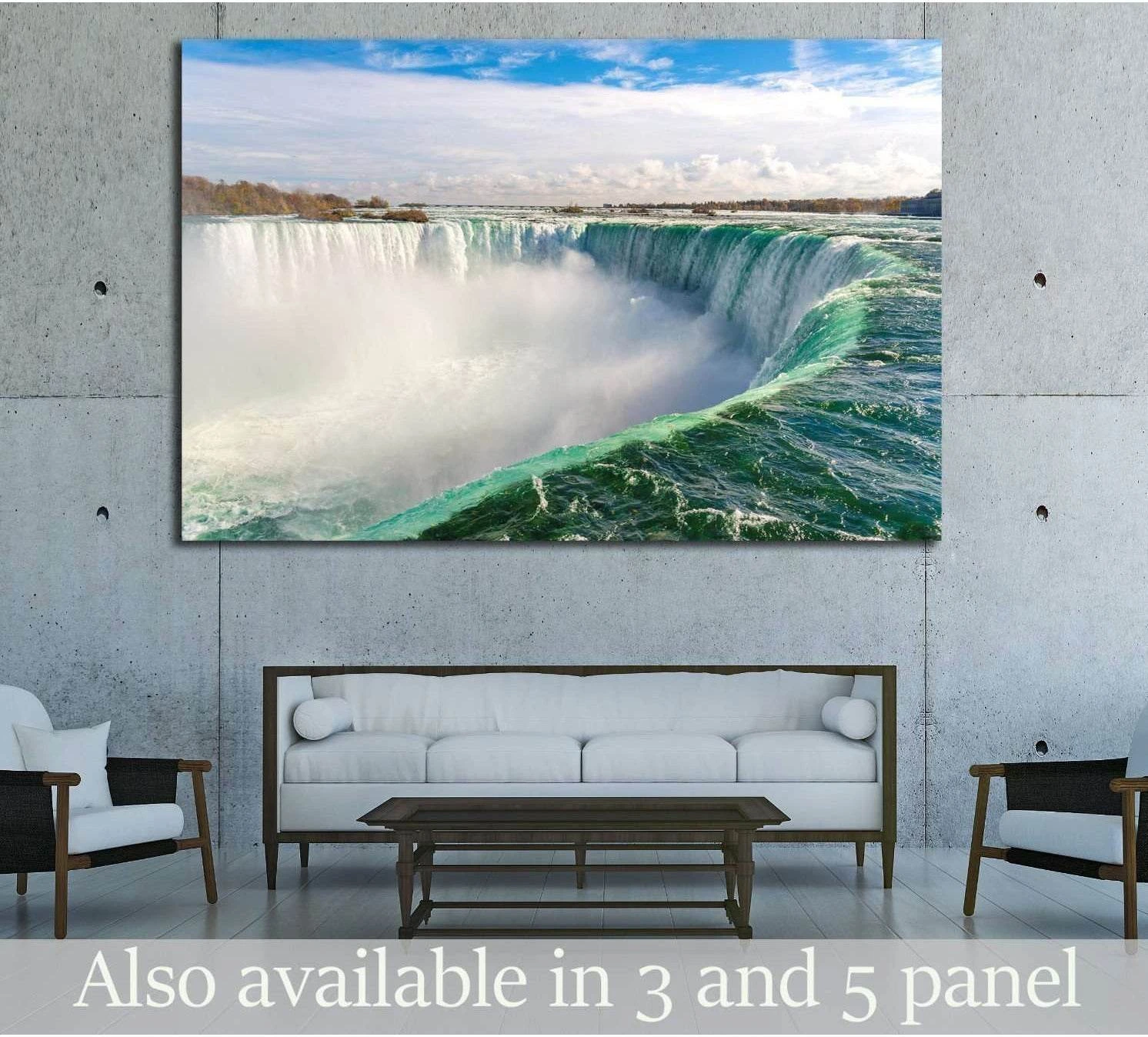 Niagara Falls canvas print of Horseshoe Falls above a sofa in a modern concrete living room