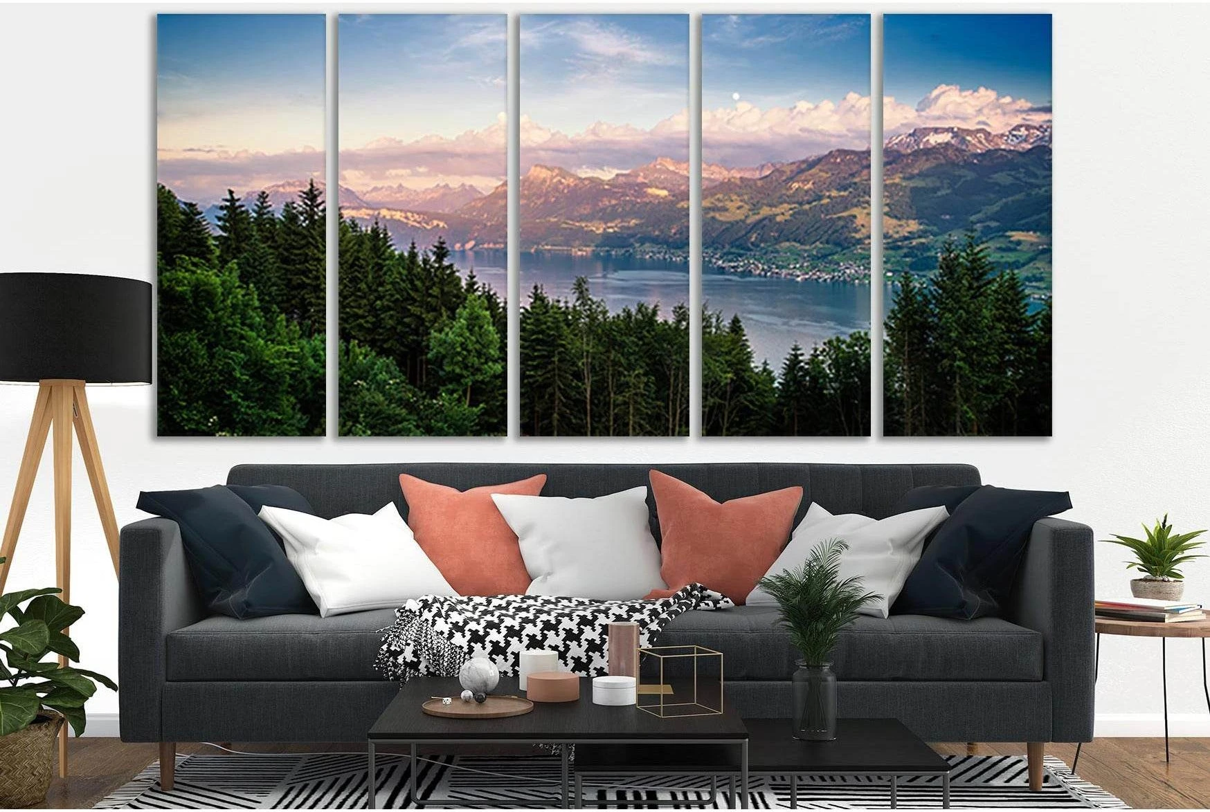 Nice View Forest Lake And Mountains №SL796 Ready to Hang Canvas Print - Zellart Canvas Prints 0new, ALL_Products, Trees Wall Art