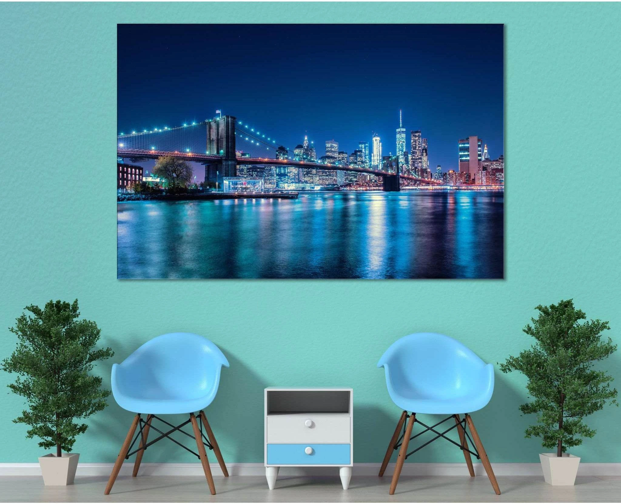 Night Brooklyn Bridge №3018 Ready to Hang Canvas Print - Zellart Canvas Prints 0_NY_ART, ALL_Products, z-3018
