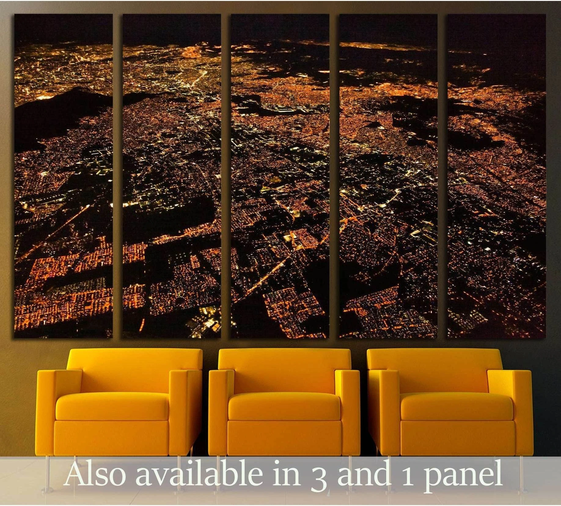 Panoramic Mexico City night aerial canvas print in five panels above mustard lounge chairs