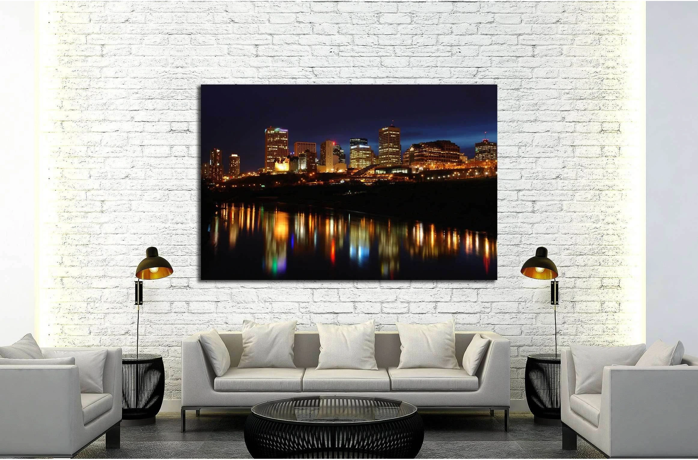 Night scene of the saskatchewan river valley and downtown in city edmonton, alberta, canada №2137 Ready to Hang Canvas Print - Zellart Canvas Prints ALL_Products, s-2137