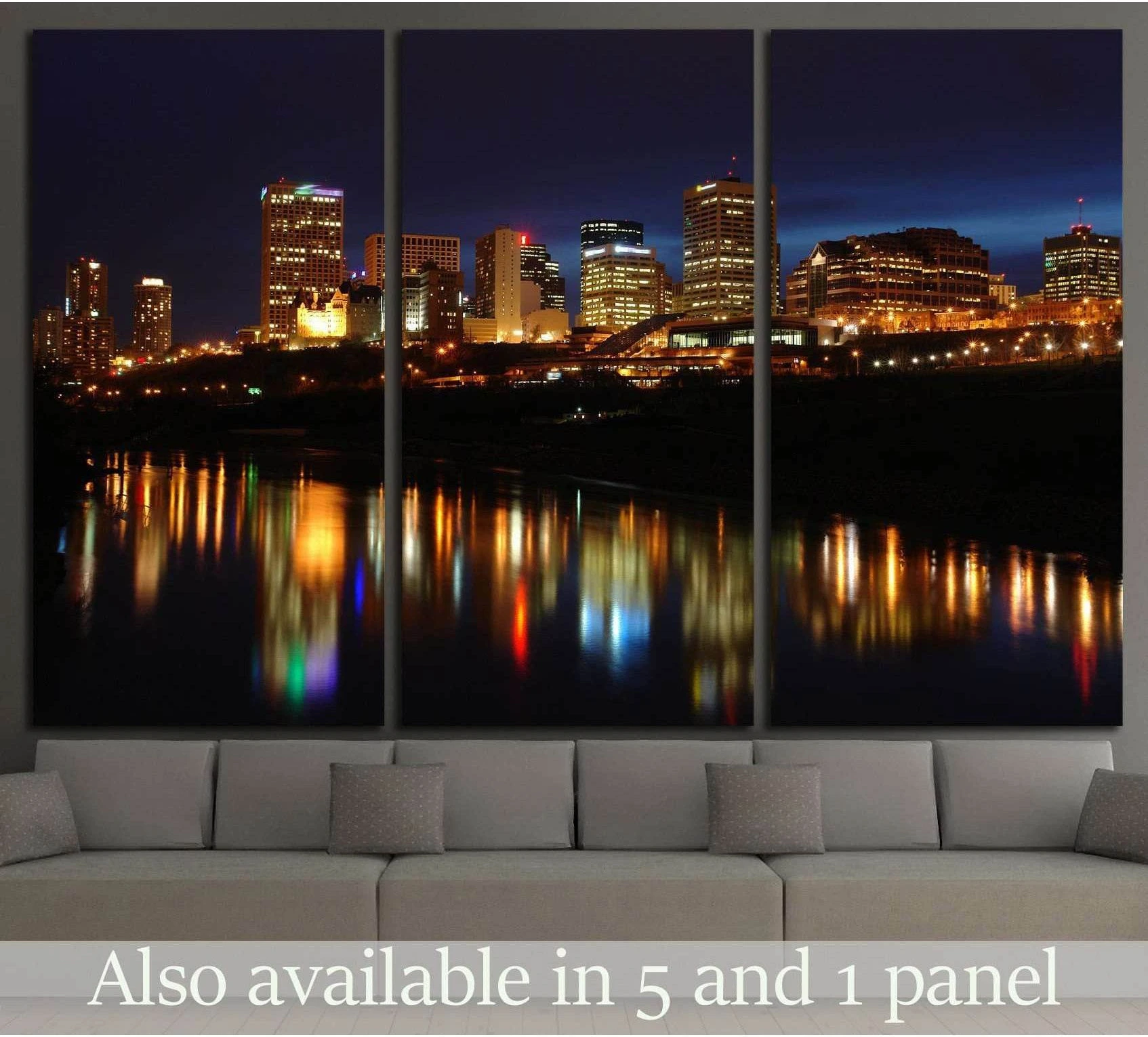 Edmonton skyline triptych canvas print with downtown lights reflecting on the Saskatchewan River