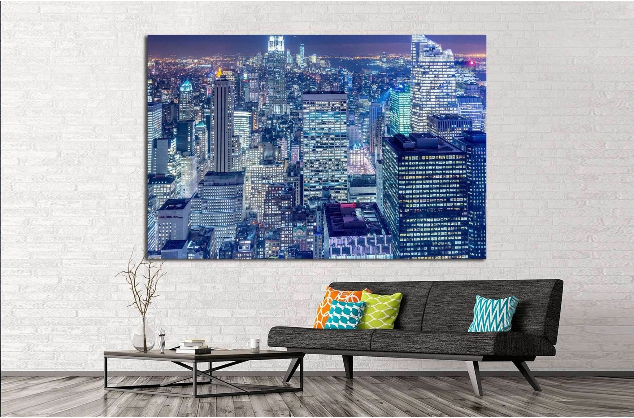 Night view of New York Manhattan during sunset №1566 Ready to Hang Canvas Print - Zellart Canvas Prints 0_NY_ART, ALL_Products, s-1566