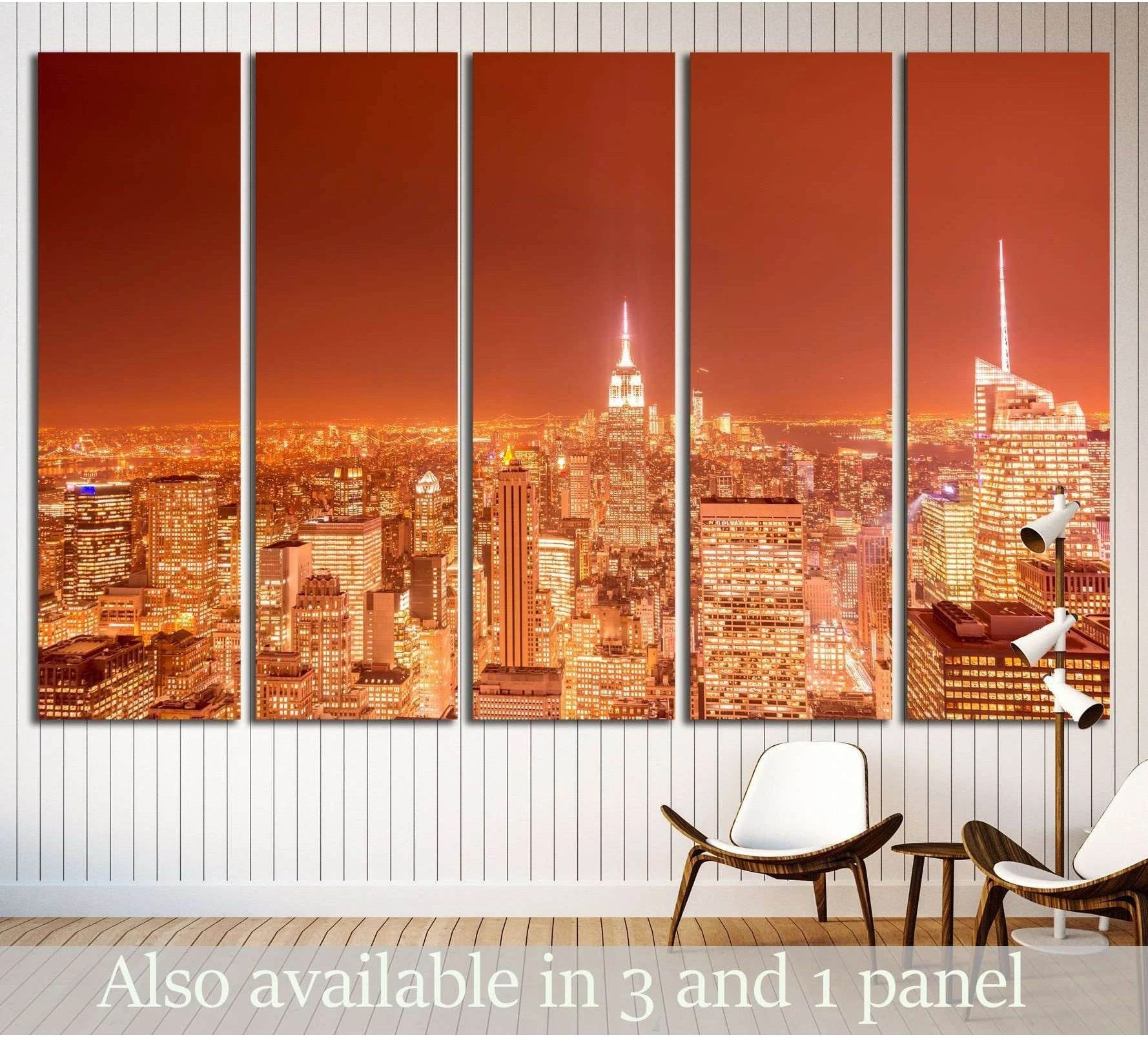 Five-panel NYC skyline canvas print with Empire State Building at sunset in a modern room