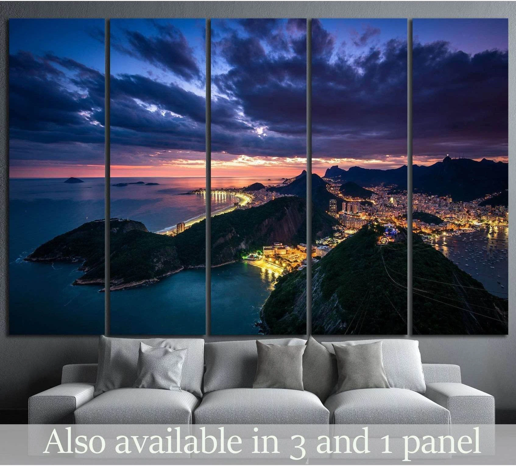Rio de Janeiro night skyline canvas print above sofa with Sugarloaf view and glowing coastal lights