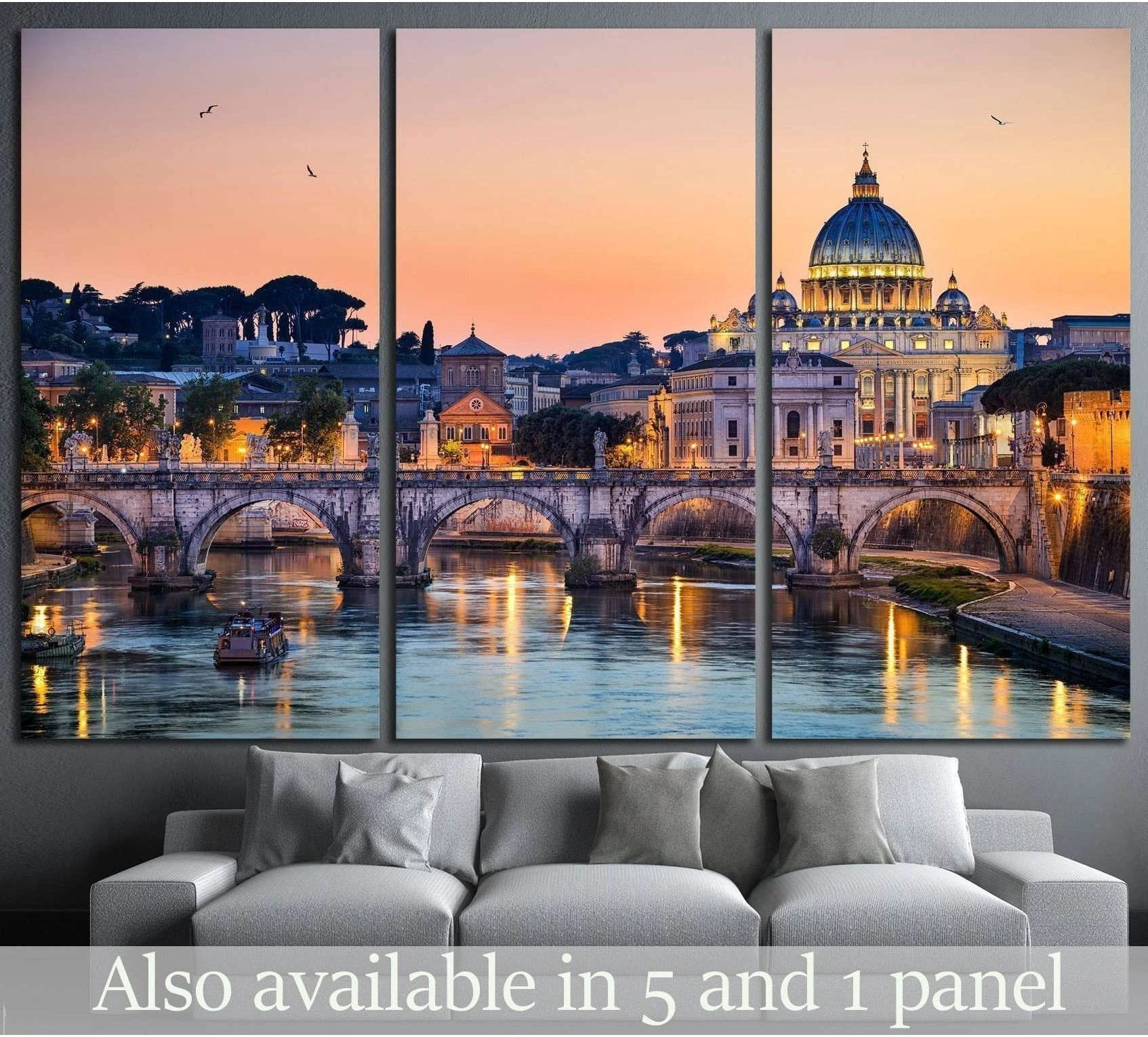 St Peter's Basilica triptych canvas print over a sofa with bridge, river, and Rome dusk skyline