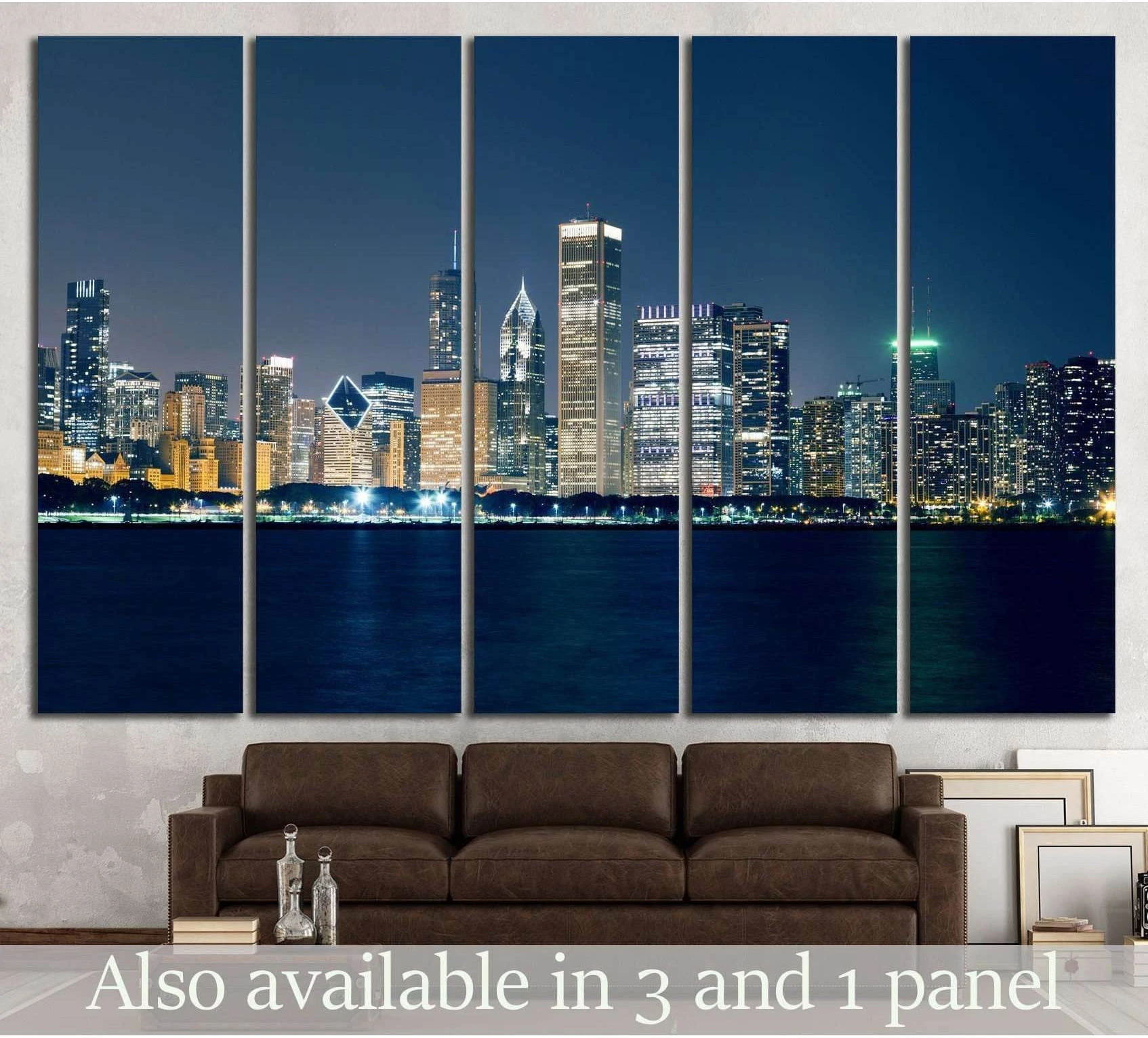 Chicago skyline canvas print at night above sofa in a modern living room mockup