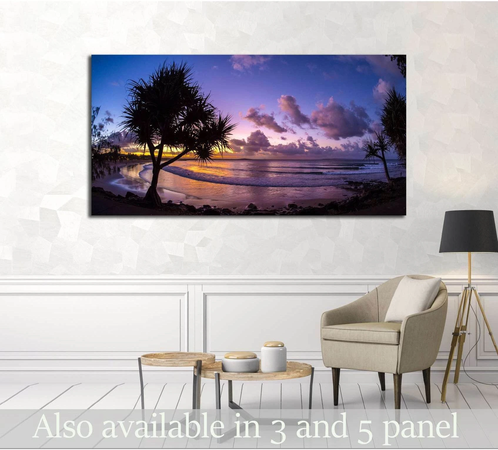 Ocean Sunset with Palm Silhouettes Canvas Print Wall Art showing blue ocean wall art with water and coastal depth.