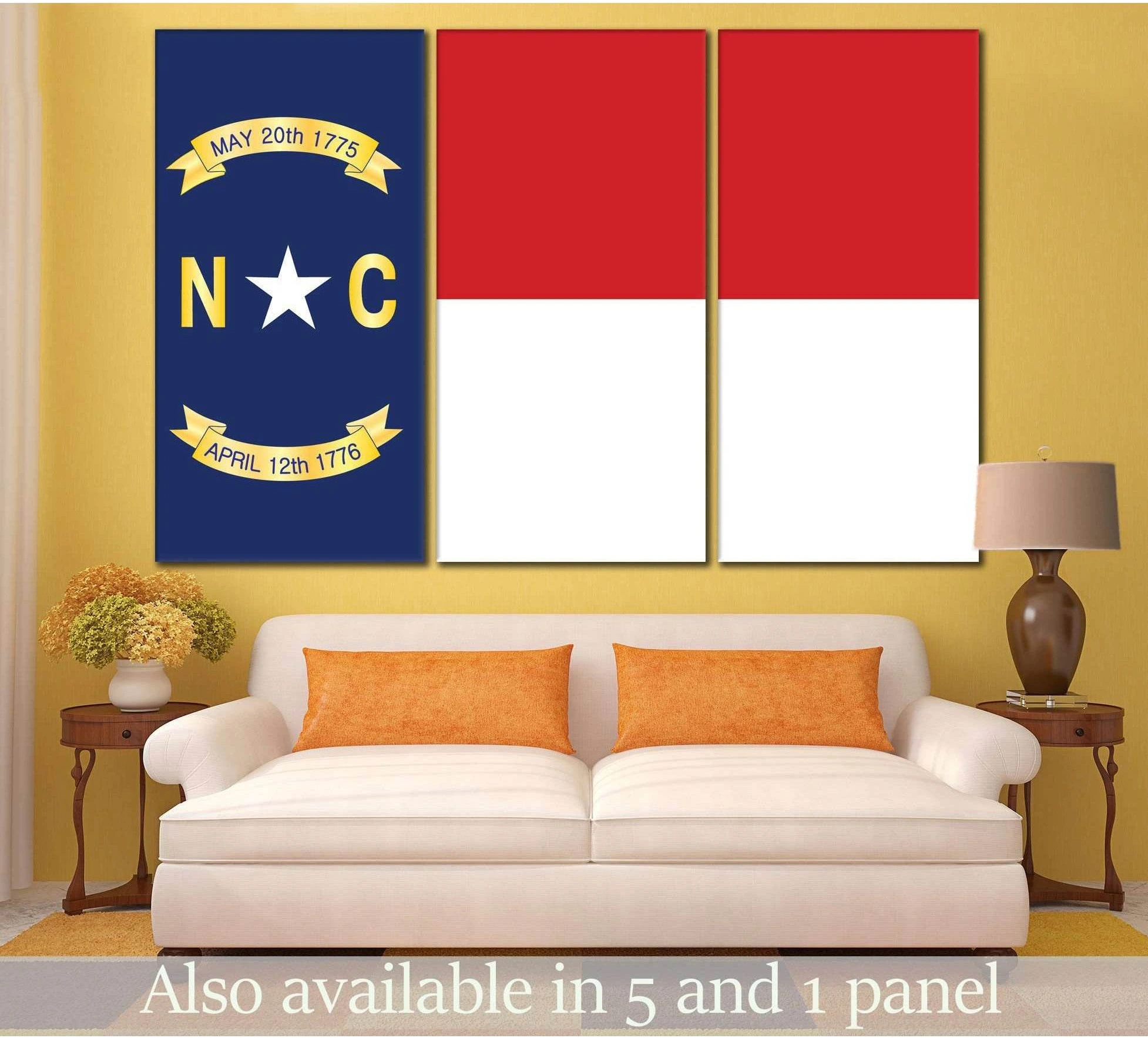 North Carolina flag triptych canvas print hung above a sofa in a warm living room