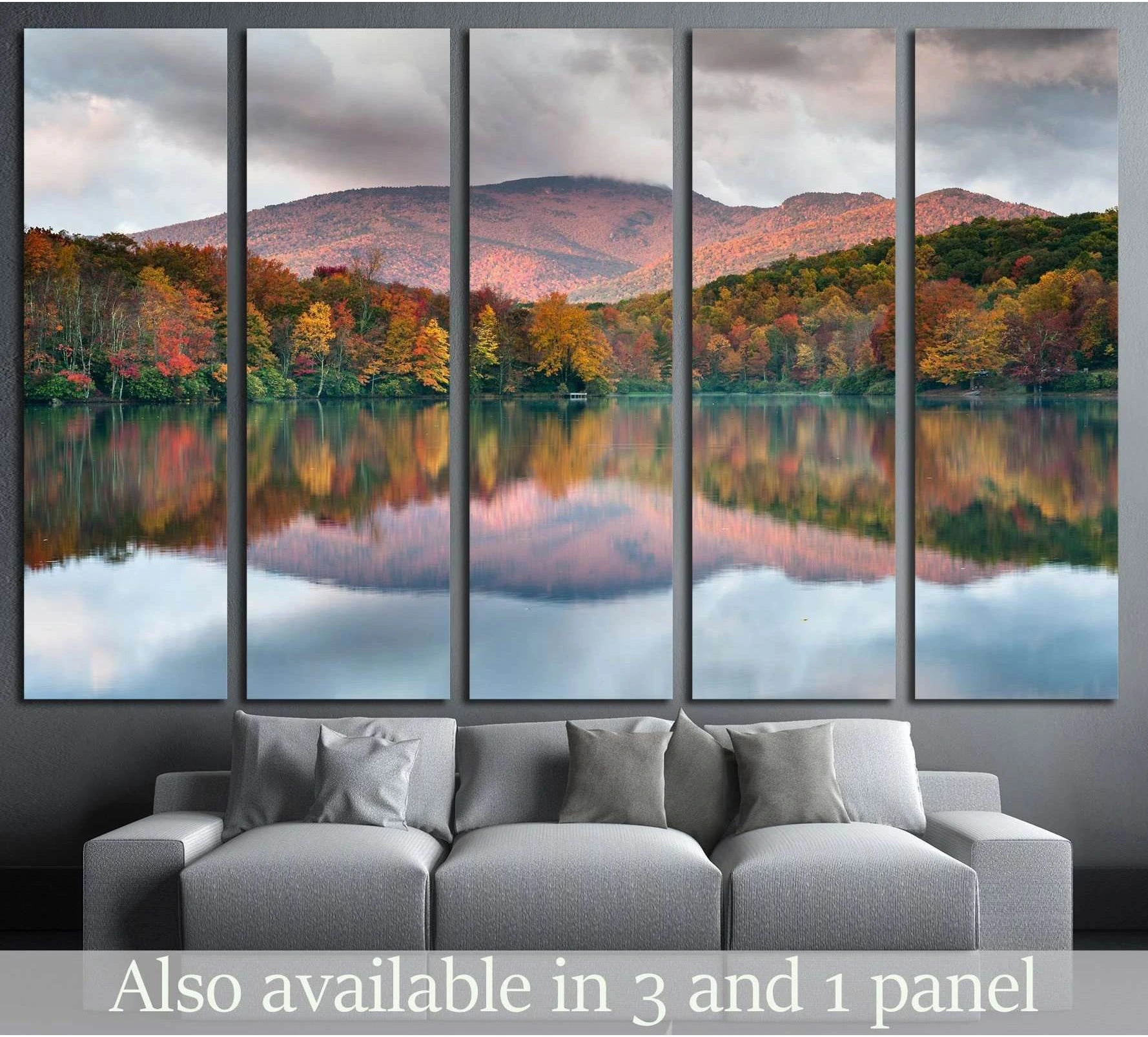 Grandfather Mountain and Price Lake autumn canvas print above sofa in a modern living room