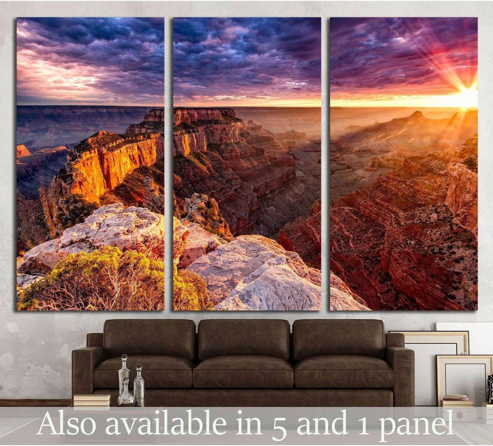 Grand Canyon triptych canvas print showing Cape Royal sunrise above a sofa in a modern living room