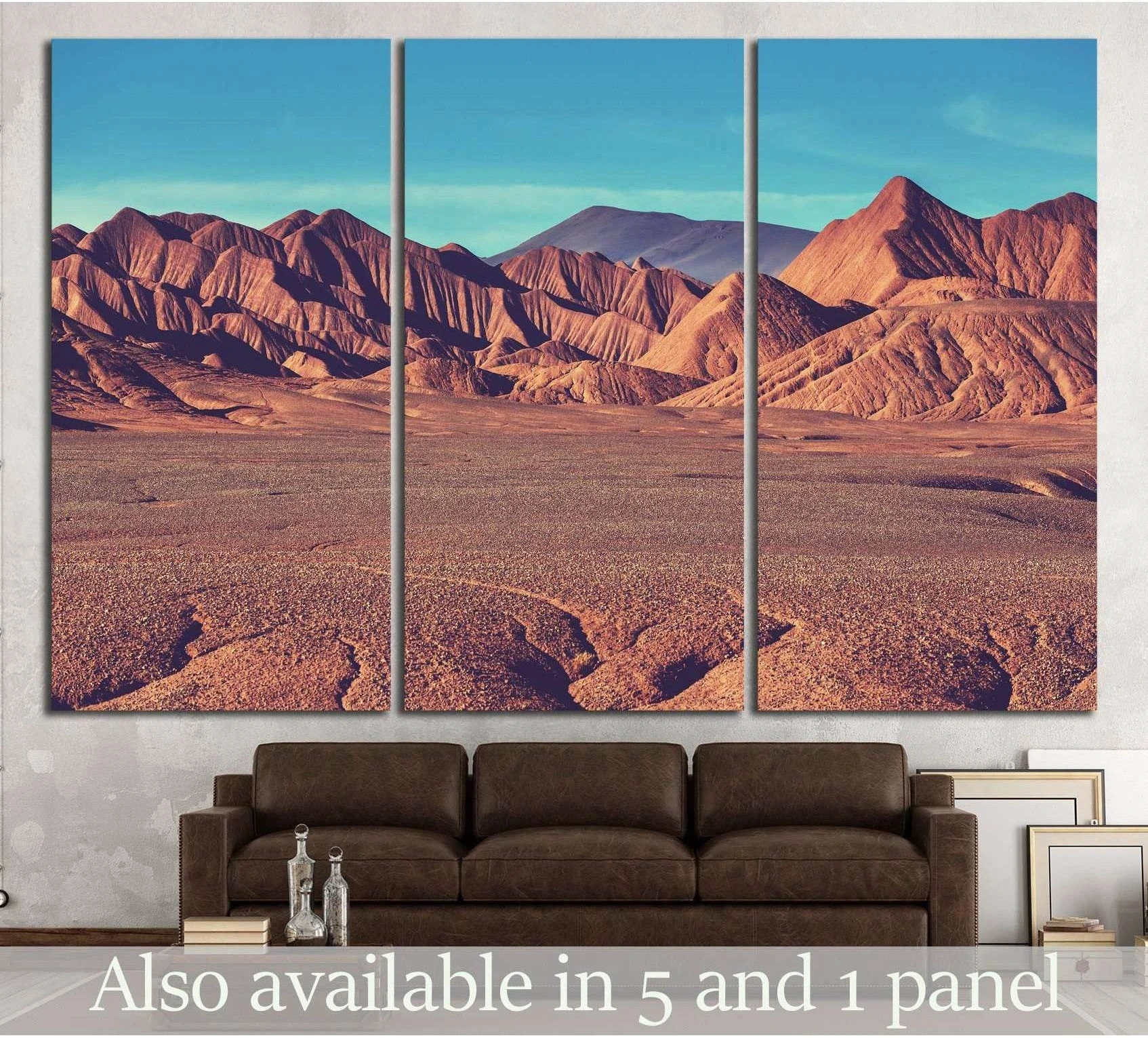 Northern Argentina desert mountain canvas print above a sofa with terracotta hills and turquoise sky
