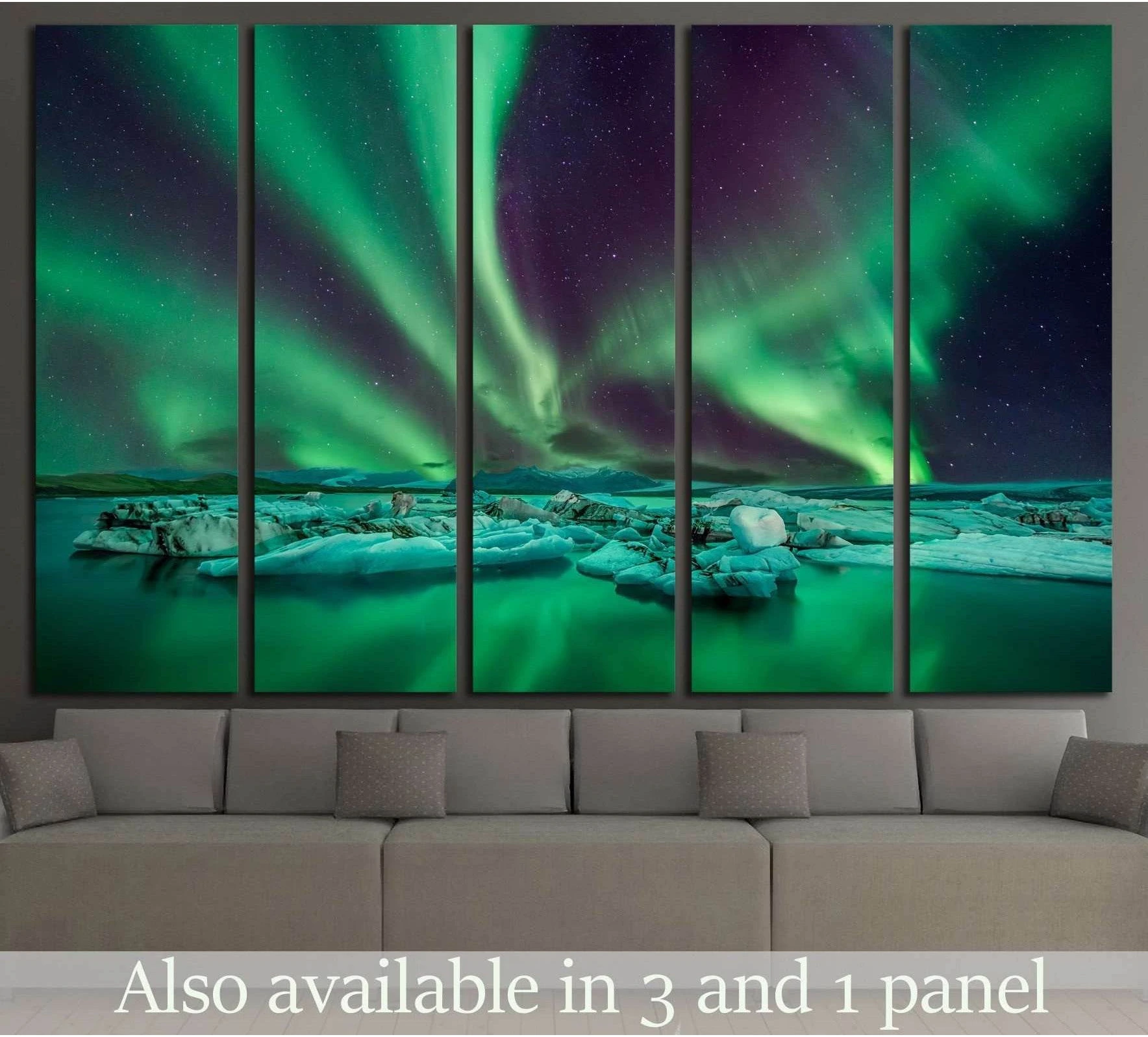 Northern lights over the Glacier Lagoon in Iceland showing blue ocean wall art with water and coastal depth.