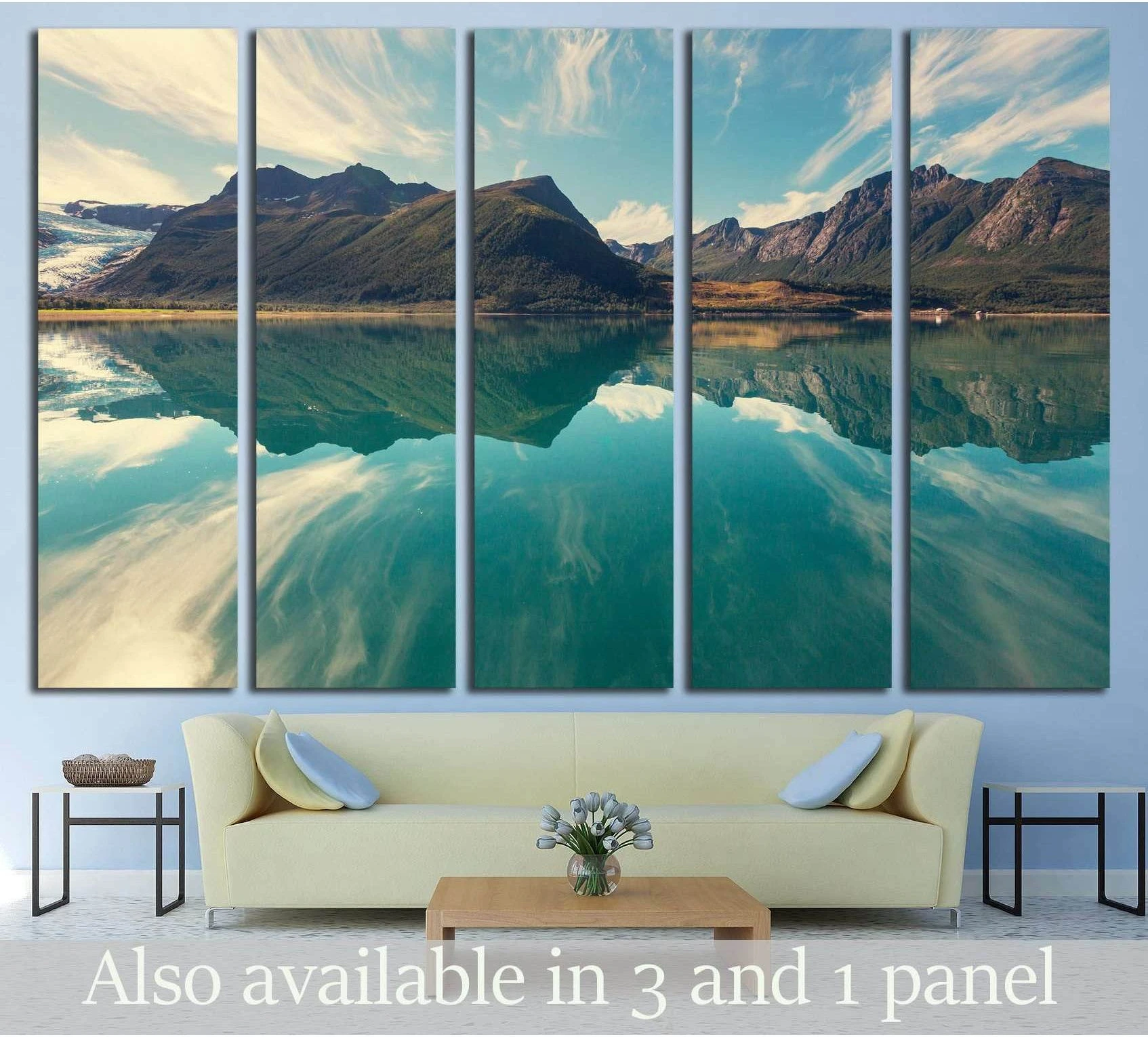 Norwegian fjord canvas print with turquoise mountain lake reflection in a five-panel living room display