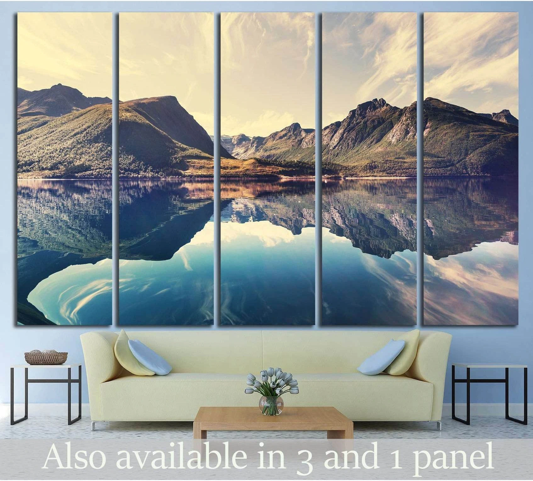 Norway fjord mountain lake canvas print in five-panel layout above a sofa in a Scandinavian living room