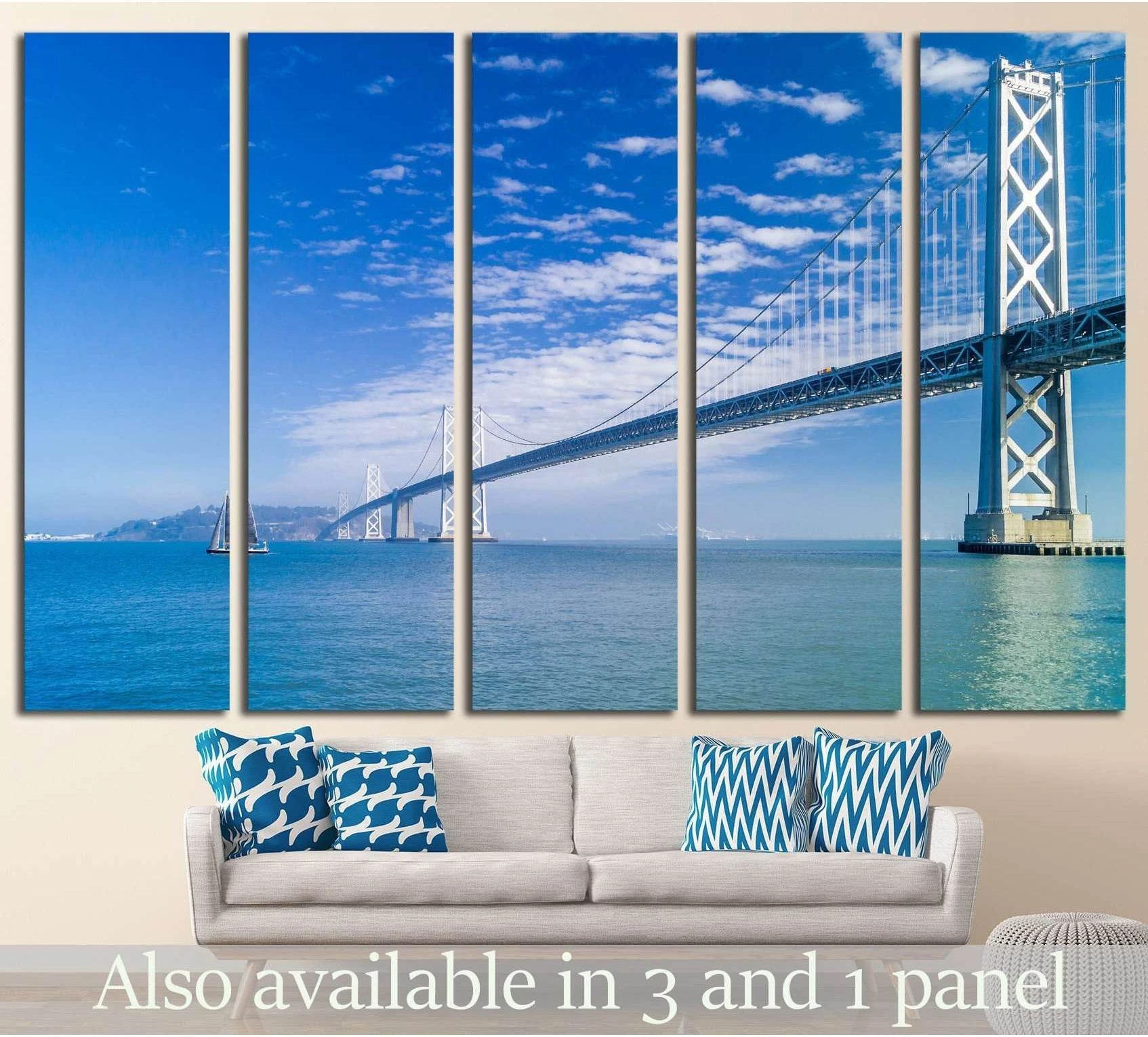 San Francisco Bay Bridge panoramic canvas print above sofa in a blue coastal living room