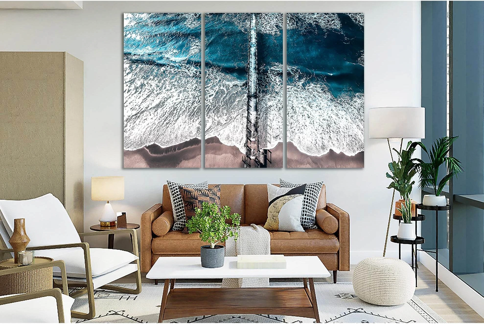 Ocean Pier Blue Water Triptych Wall Art Canvas Print showing blue ocean wall art with water and coastal depth.