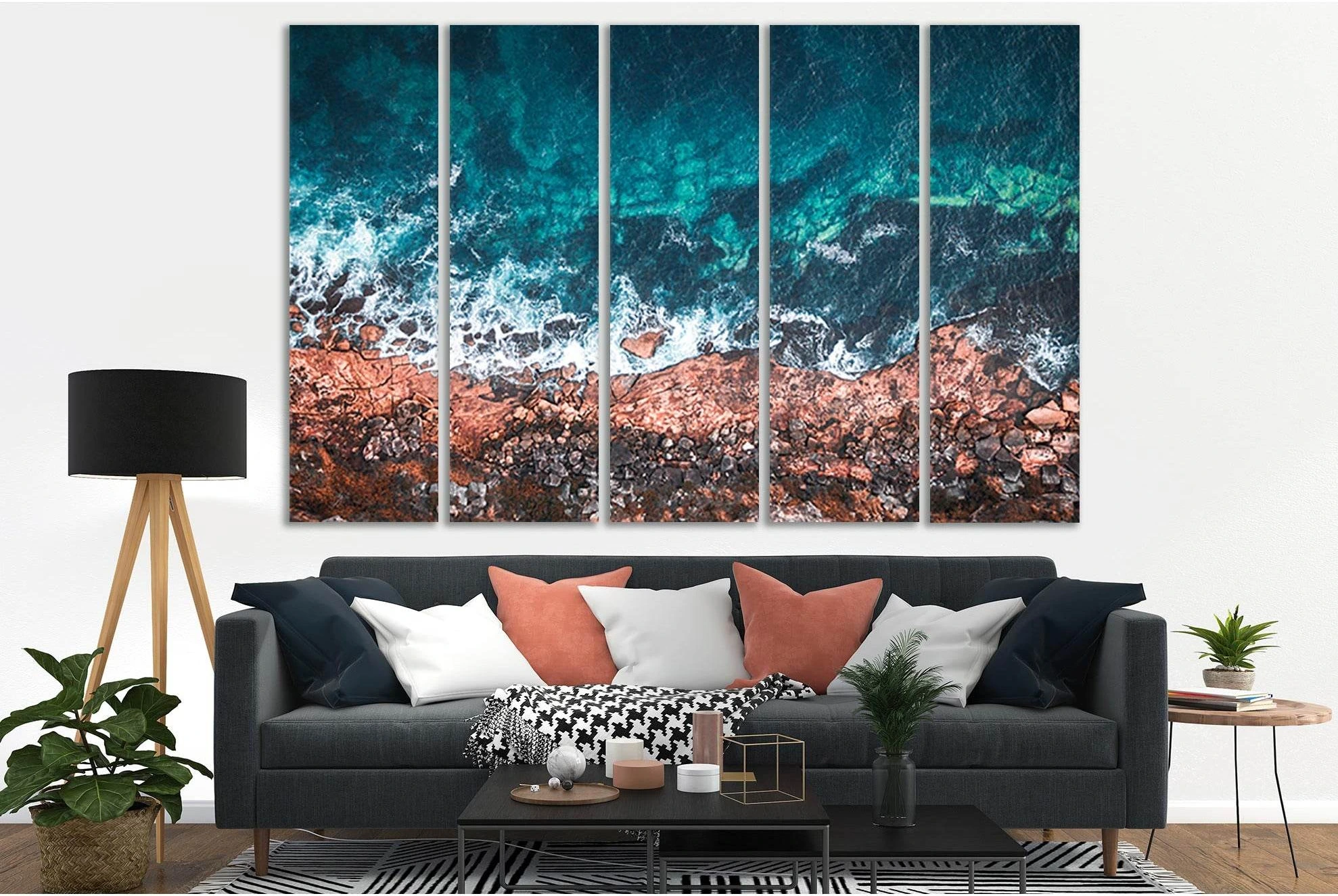 Ocean Shore Canvas Print with Teal Water, White Surf Foam showing ocean water, wave movement and surf.