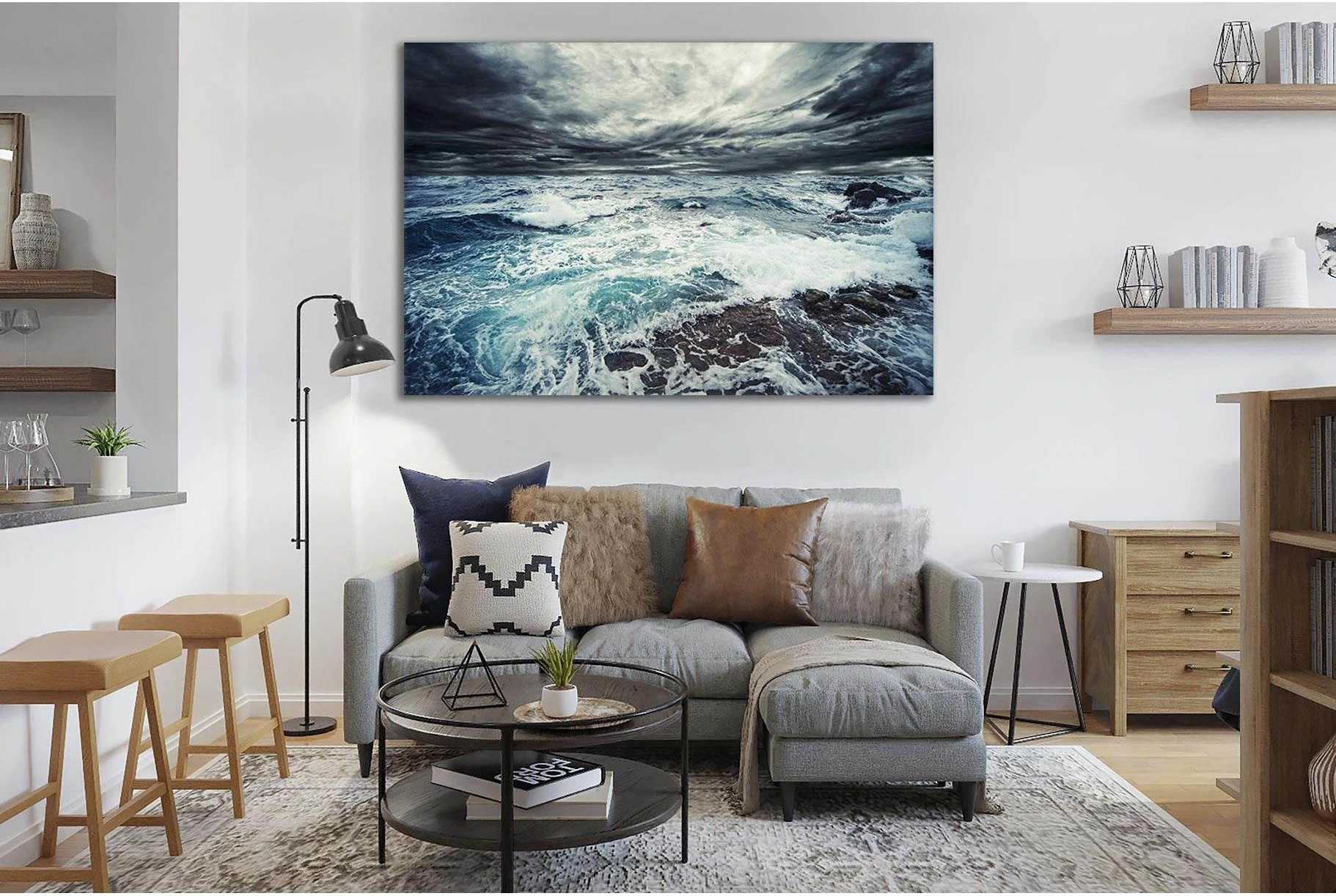 Stormy Ocean Shore Canvas Print Wall Art With Dark Clouds showing ocean water, wave movement and surf.