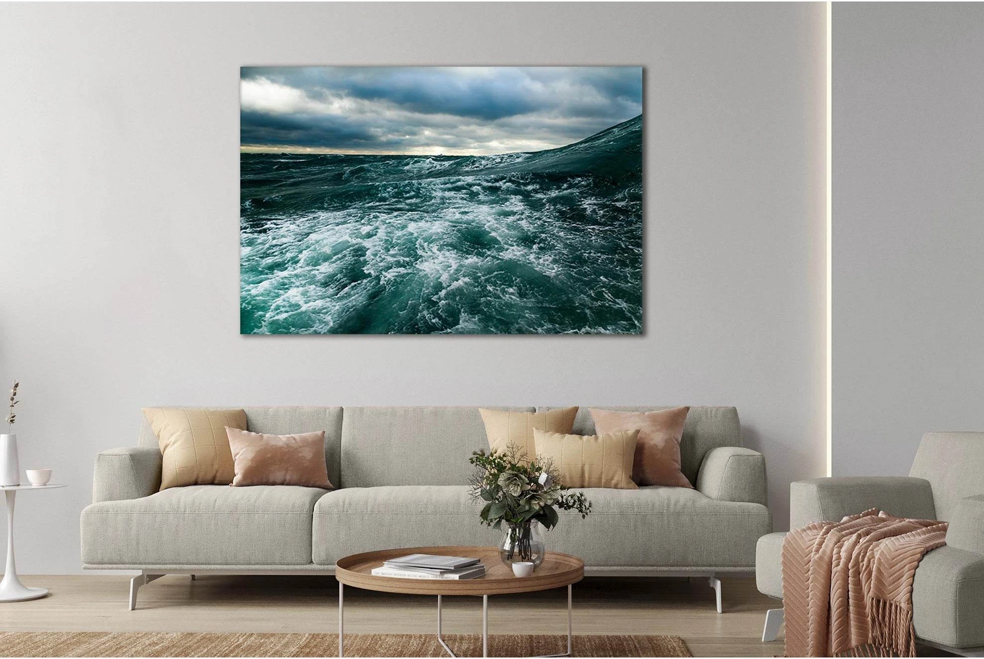 Three-panel storm ocean seascape with churning dark waves, white foam and blue-grey clouds detail view