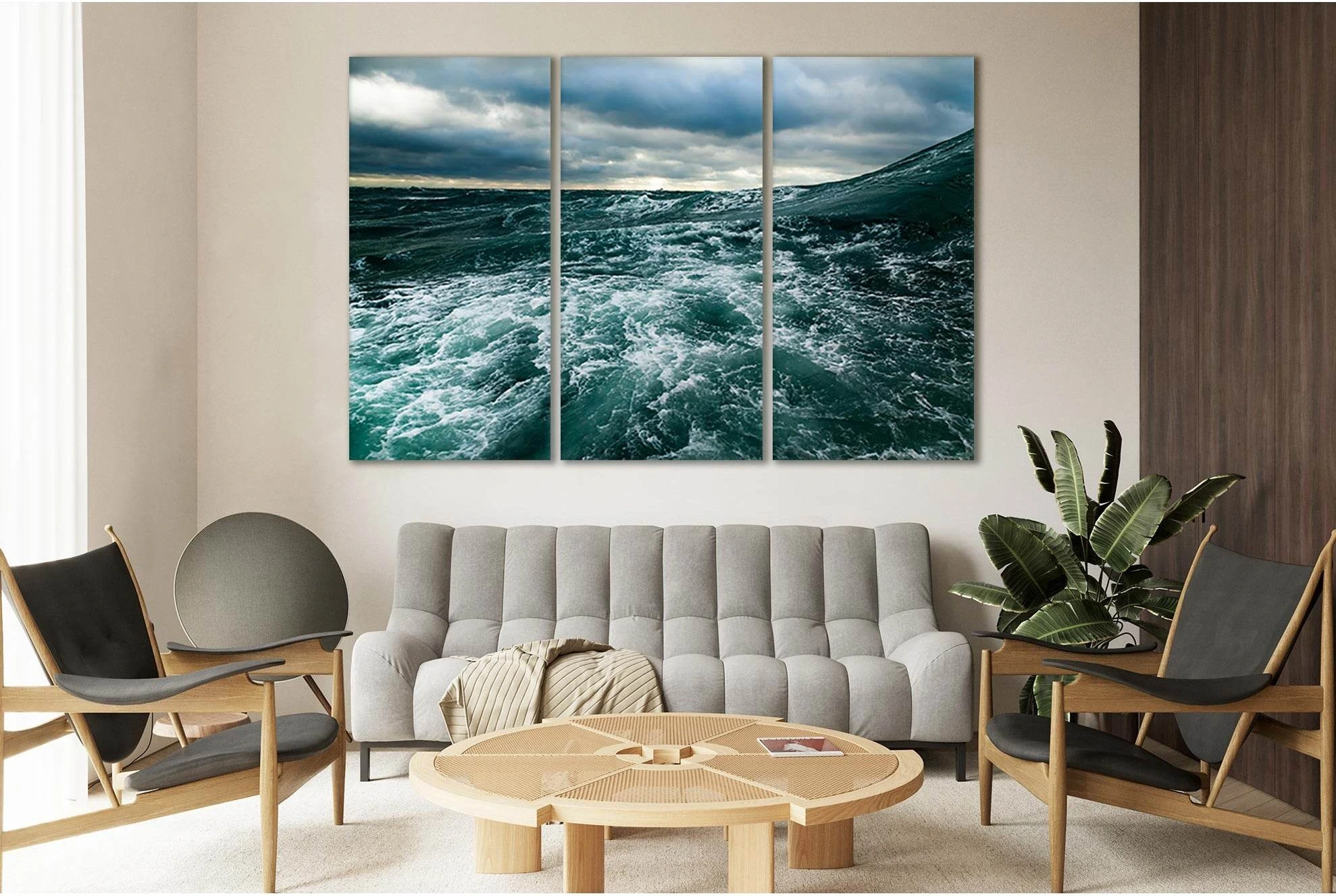 Blue-grey Storm Ocean Seascape Wall Art with Churning Waves in Three Panels showing ocean water, wave movement and surf.