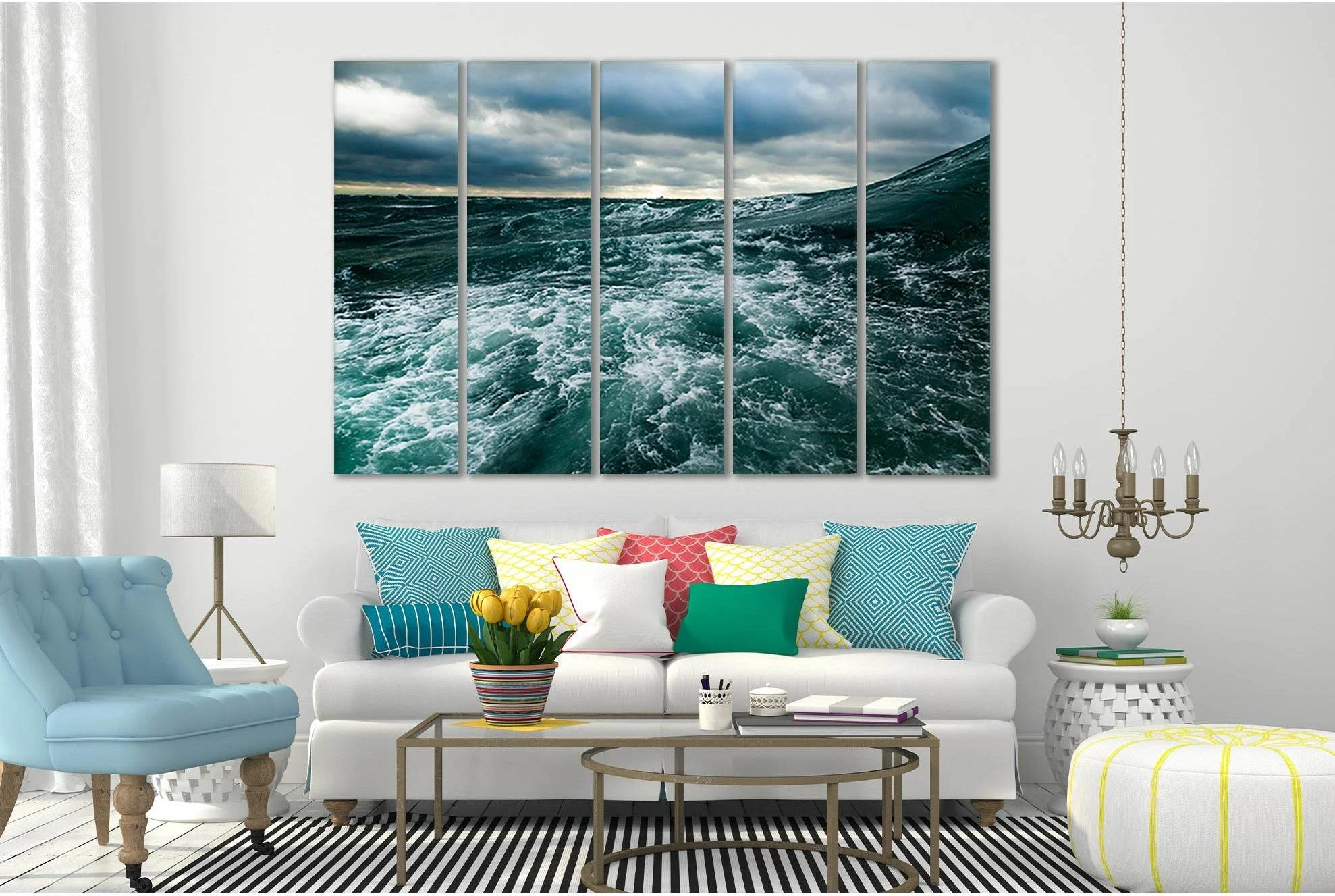 Three-panel storm ocean seascape with churning dark waves, white foam and blue-grey clouds detail view