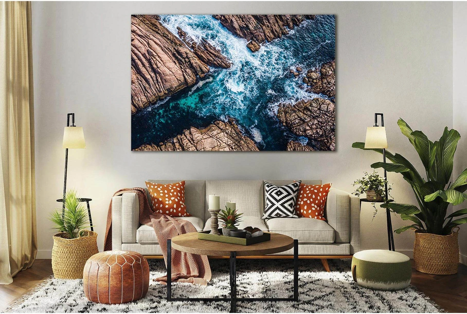 Ocean Surf and Rocky Coast Canvas Print Wall Art showing ocean water, wave movement and surf.