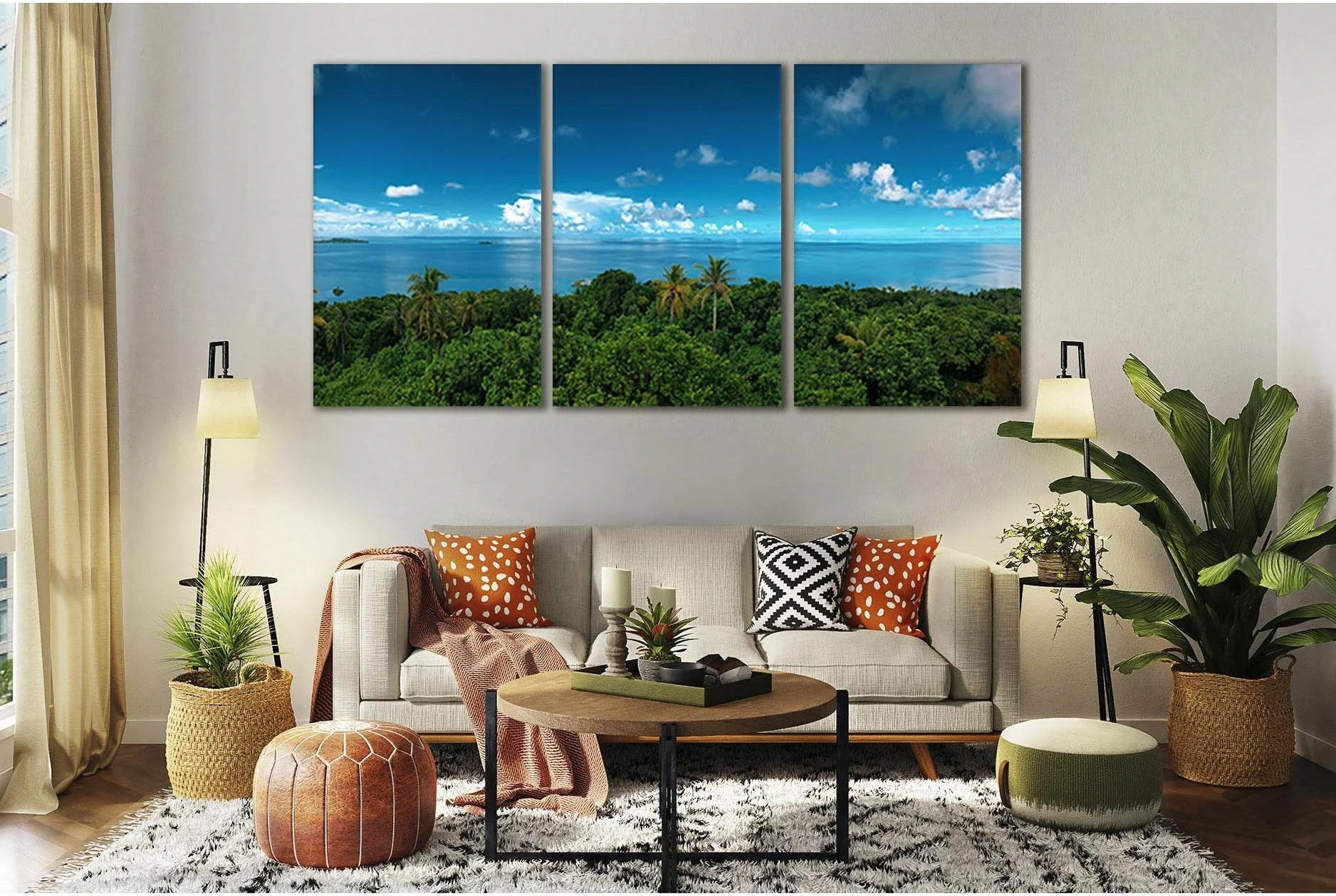 Tropical Ocean Island Canvas Print with Blue Sea & Green Trees showing sea water, shoreline and horizon depth.