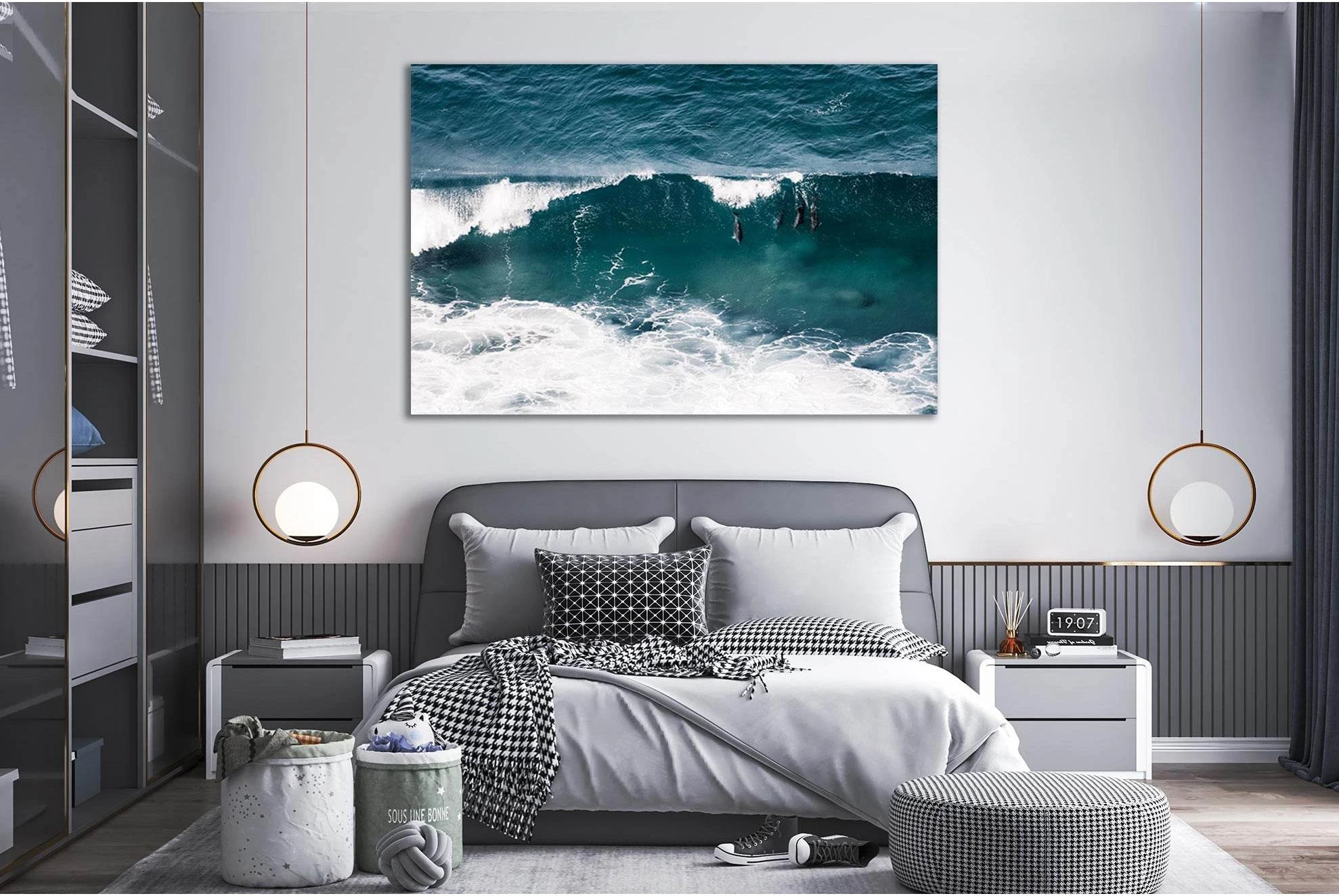 Ocean Waves With Dolphins Canvas Print in Teal & White showing ocean water, wave movement and surf.