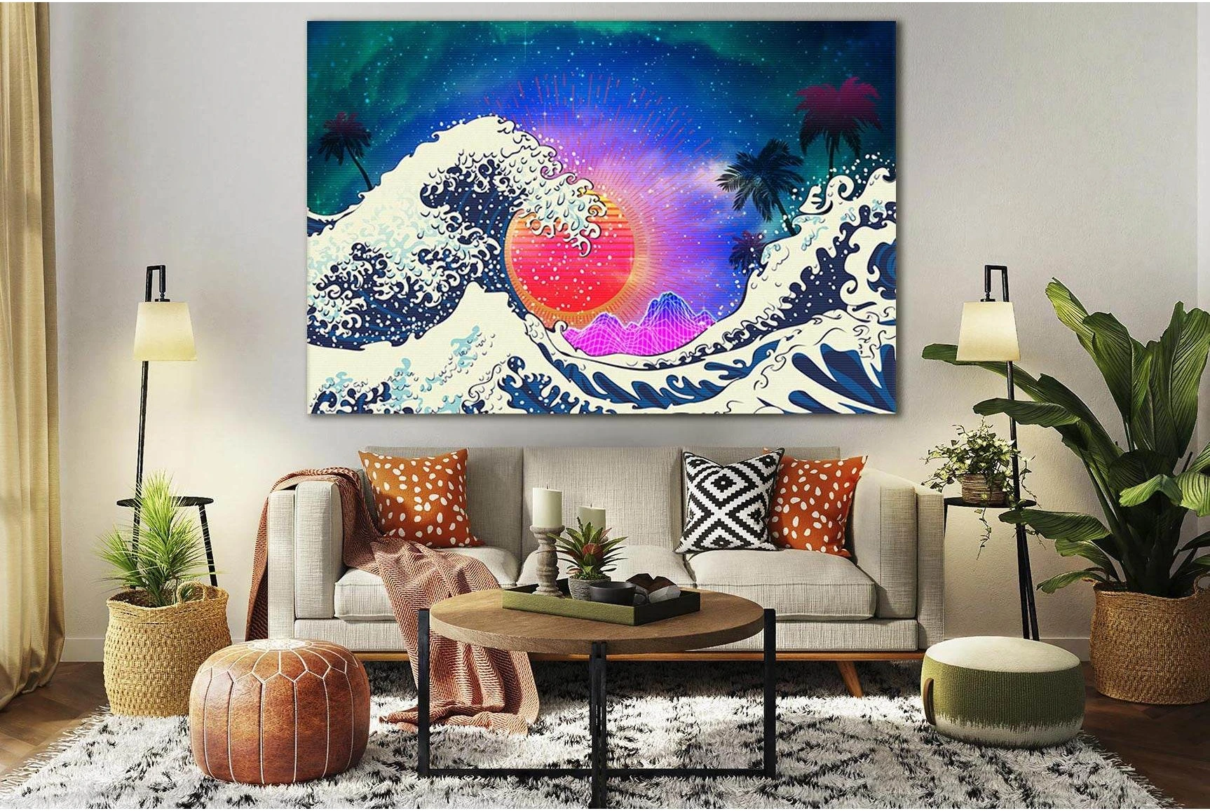 Ocean Waves And Palm Trees Pop Art №SL555 Ready to Hang Canvas Print - Zellart Canvas Prints 0new, ALL_Products, Pop ART