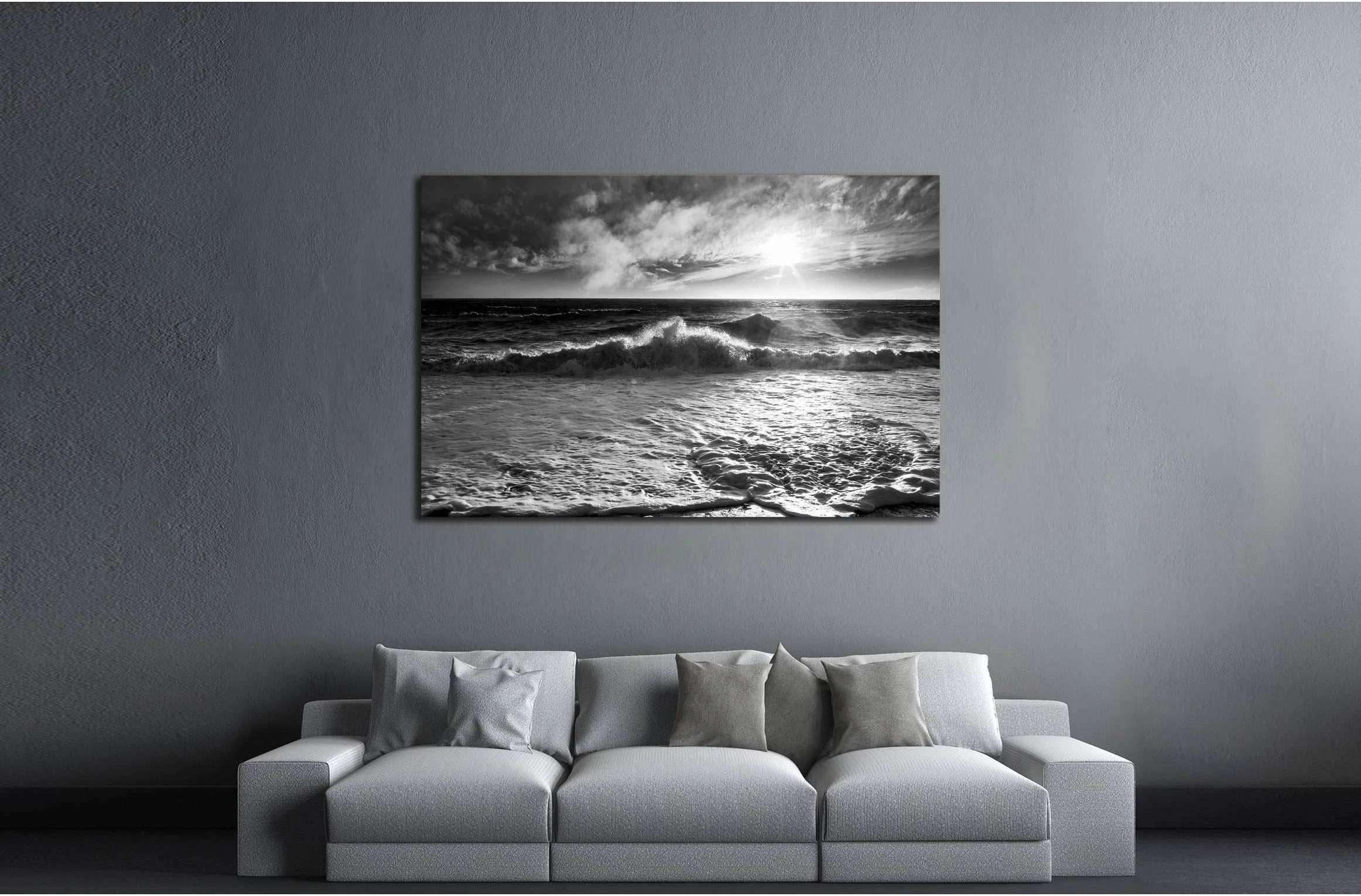 Ocean waves with a sunburst and lens flare on a windy day in black and white. №2925 Ready to Hang Canvas Print - Zellart Canvas Prints ALL_Products, s-2925