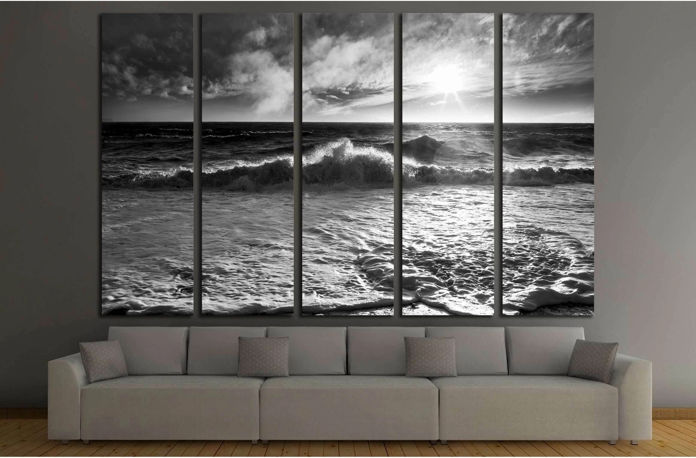 Ocean waves with a sunburst and lens flare on a windy day in black and white. №2925 Ready to Hang Canvas Print - Zellart Canvas Prints ALL_Products, s-2925