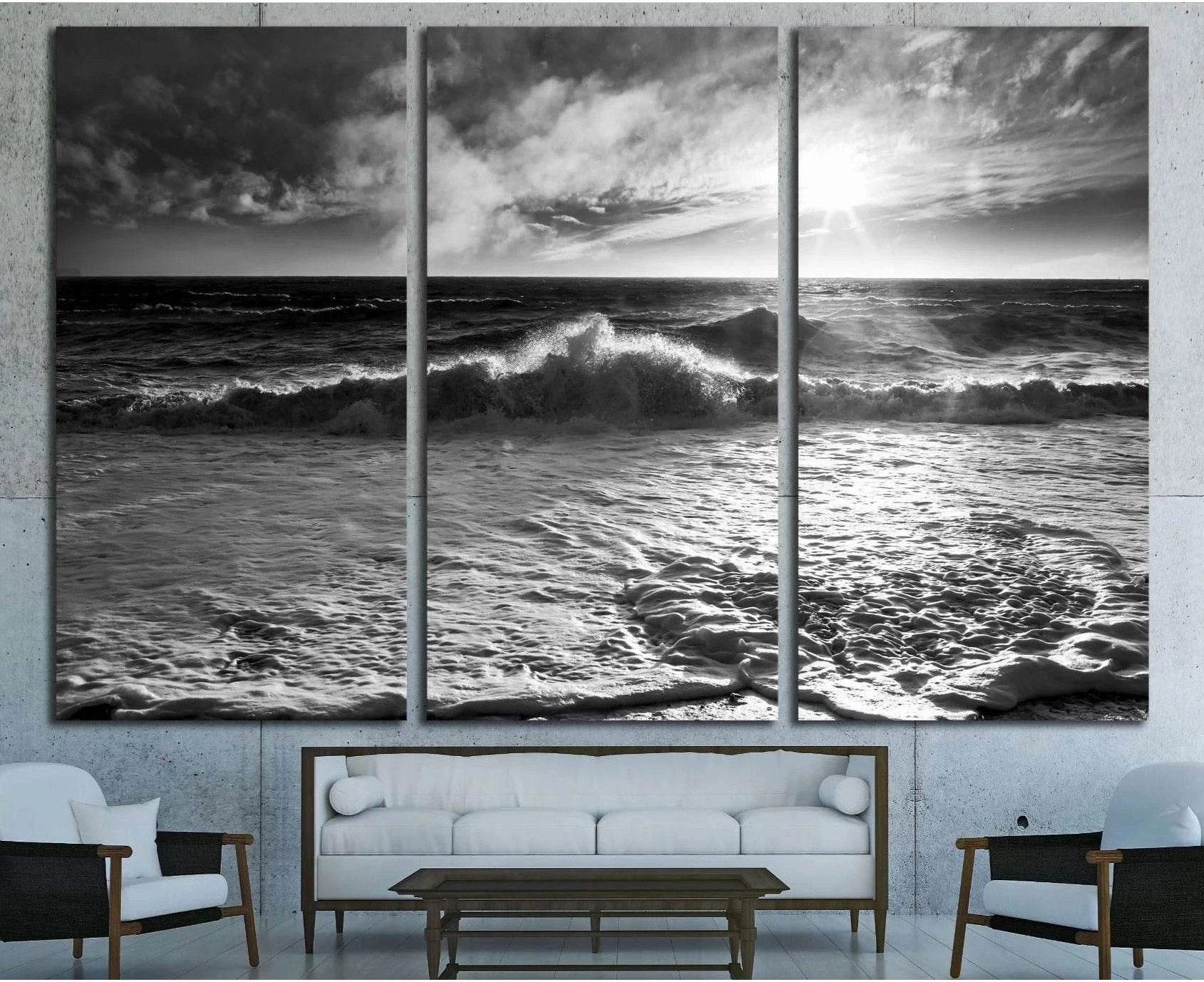 Ocean waves with a sunburst and lens flare on a windy day in black and white. №2925 Ready to Hang Canvas Print - Zellart Canvas Prints ALL_Products, s-2925