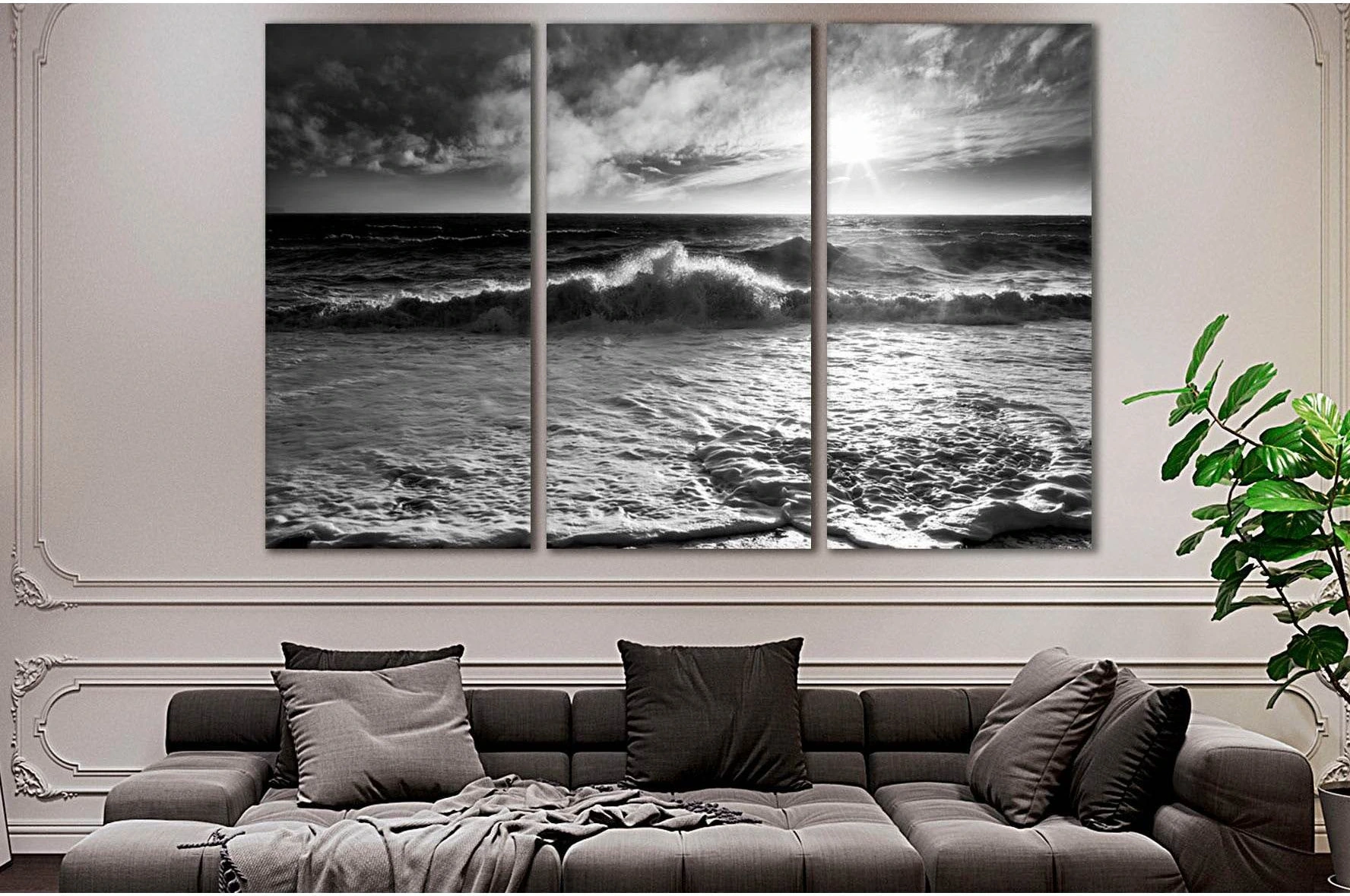 Ocean waves with a sunburst and lens flare on a windy day in black and white. showing ocean water, wave movement and surf.