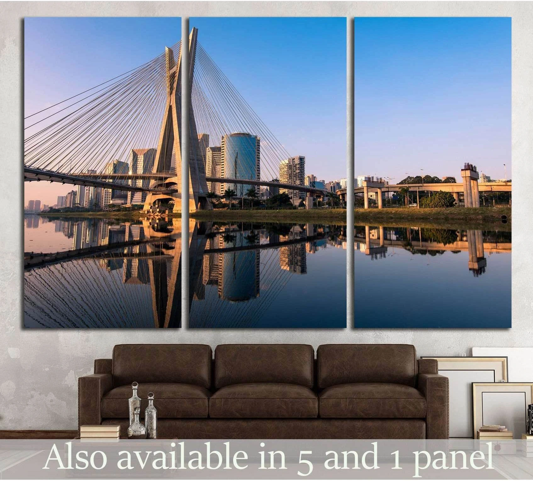 Octavio Frias de Oliveira Bridge Sao Paulo triptych canvas print displayed above sofa