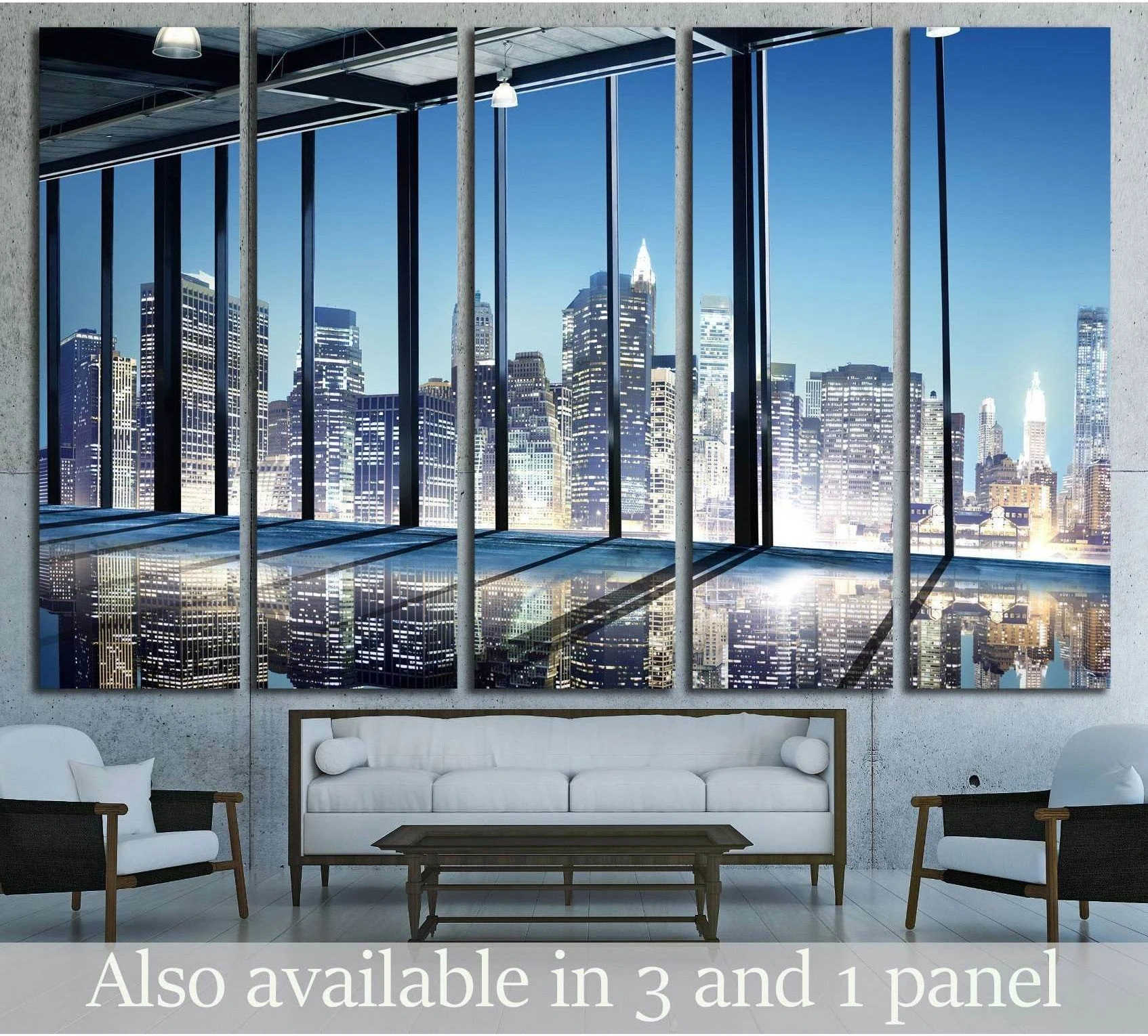 City skyline canvas print seen through floor-to-ceiling office windows above a sofa in a modern room