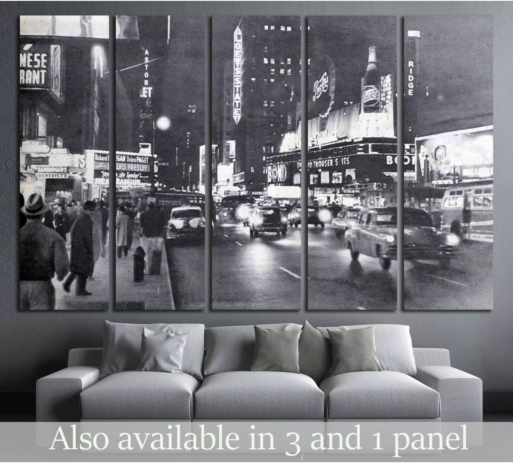 Black and white Broadway New York canvas print with vintage Times Square traffic, displayed above a sofa