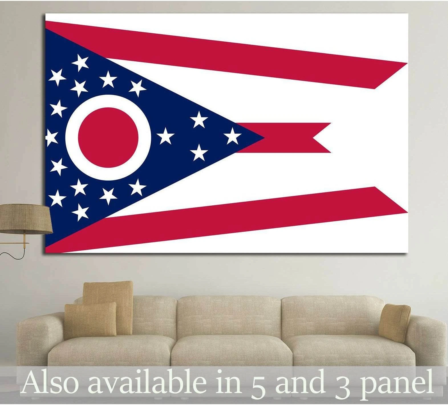 Ohio flag canvas print with red, white, and navy pennant artwork above a beige sofa