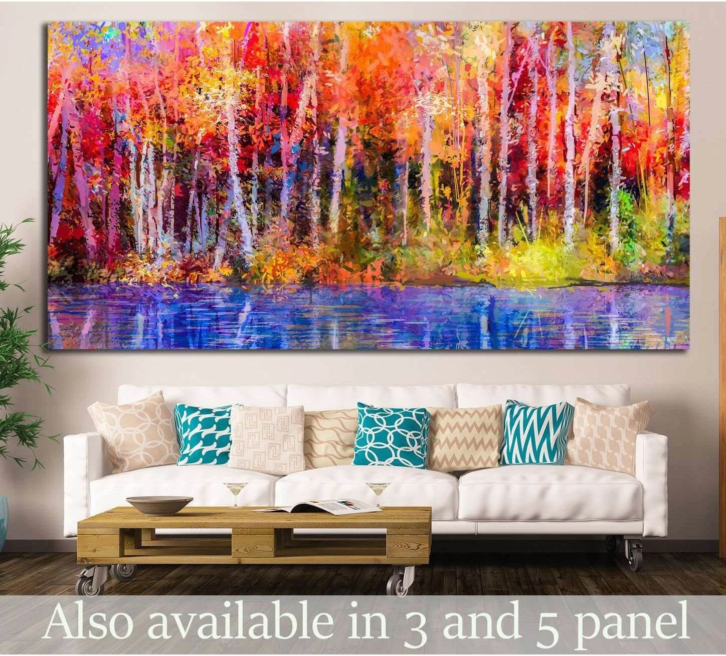 Colorful birch forest canvas print with autumn trees and blue lake reflections above a sofa