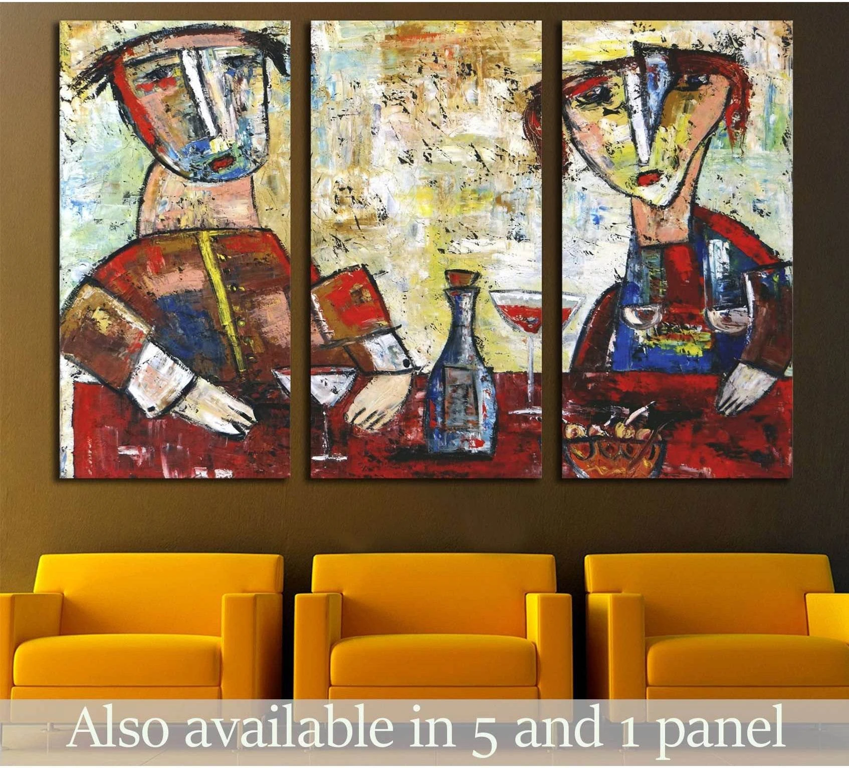 Abstract triptych canvas print of a couple at a table with wine in warm red and ochre tones