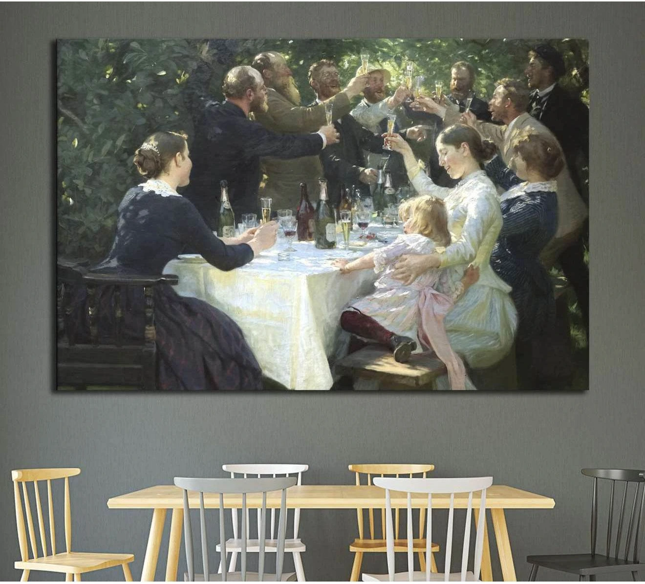 Vintage garden party canvas print with family toast scene hung above a dining table