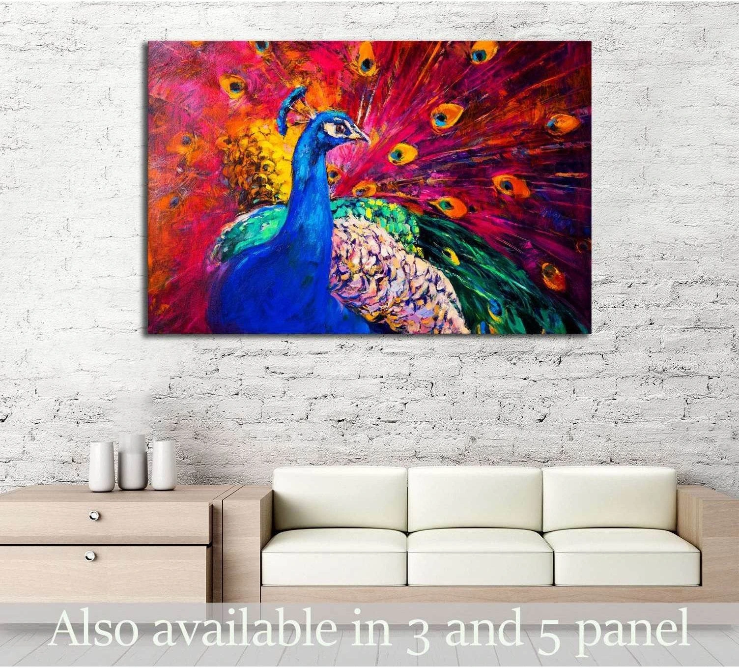Colorful peacock canvas print with vivid blue body and multicolor feathers above a sofa