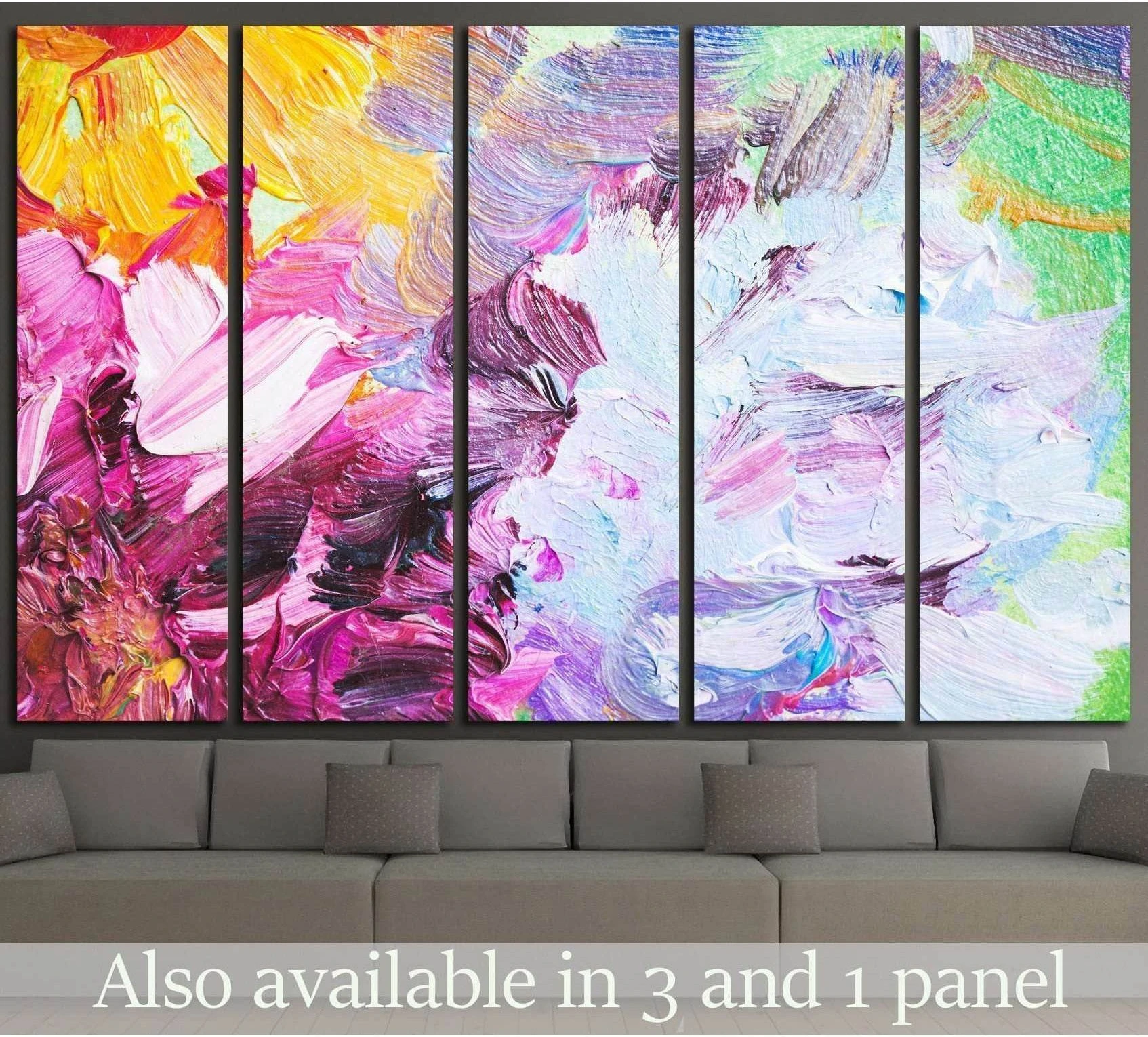 Abstract floral canvas print with pink, white, and pastel blue impasto flowers in a five-panel living room display