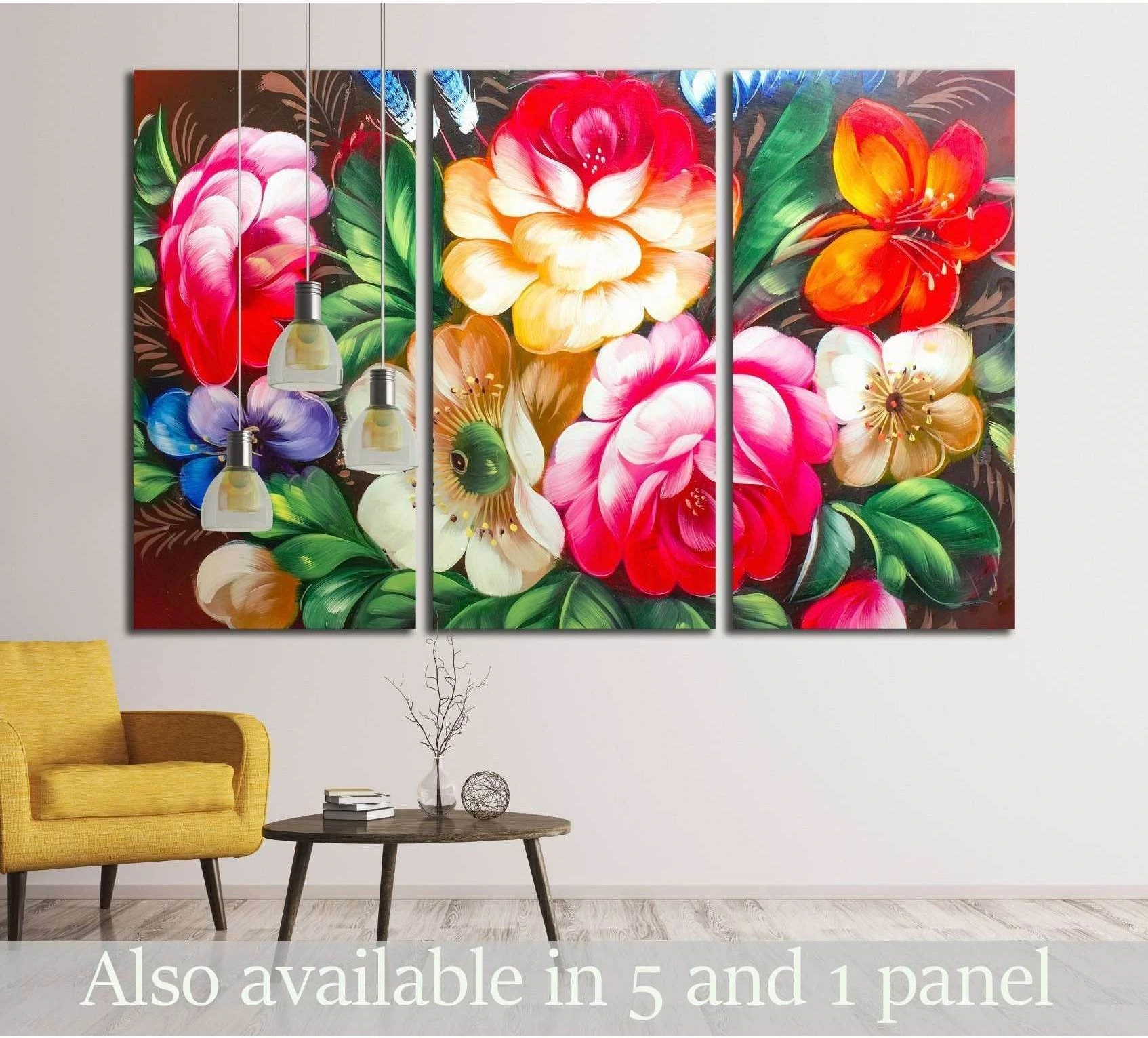 Triptych impressionist floral canvas print with pink, cream, and orange flowers above a sofa table