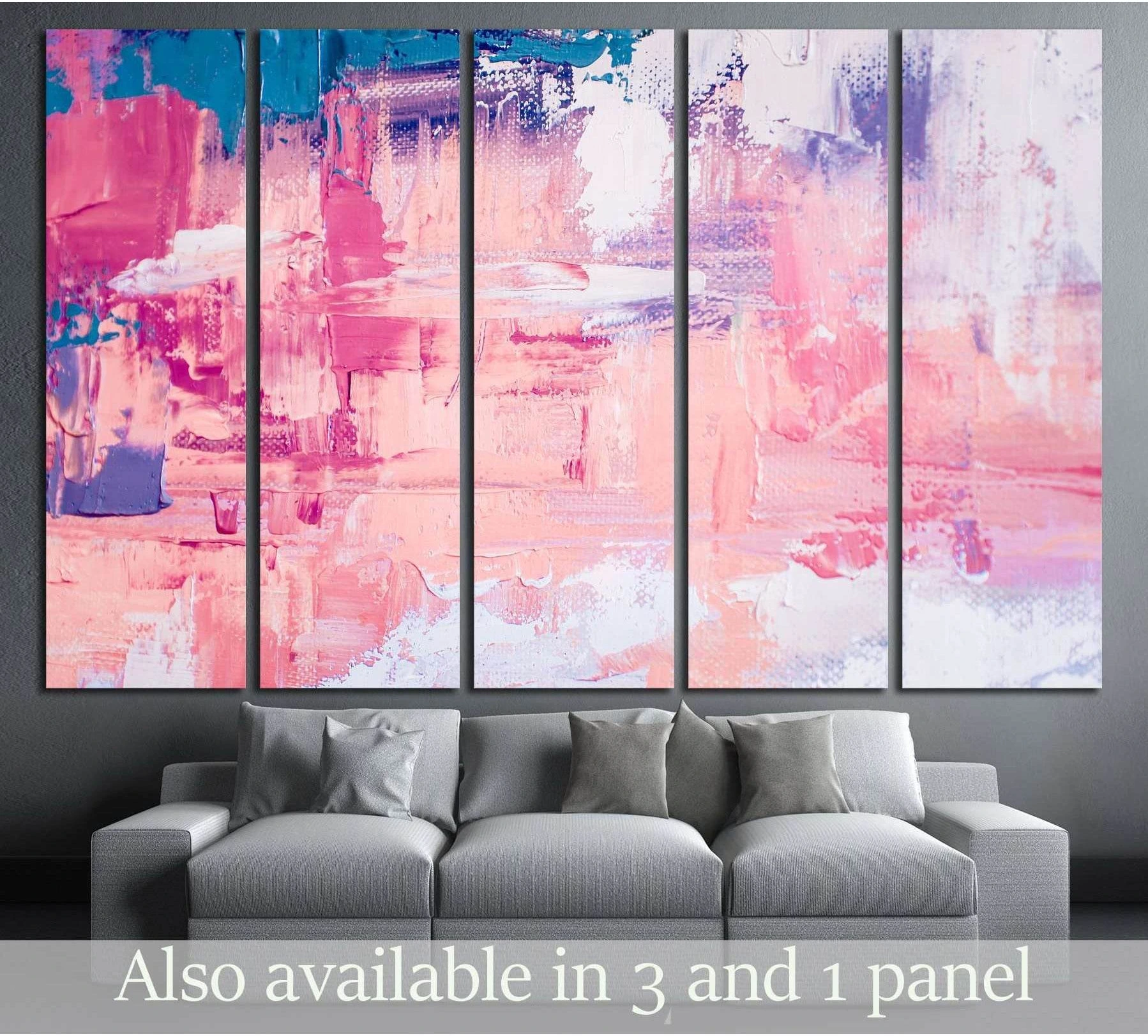 Five-panel pink coral abstract canvas print with teal accents above a gray sofa in a modern living room