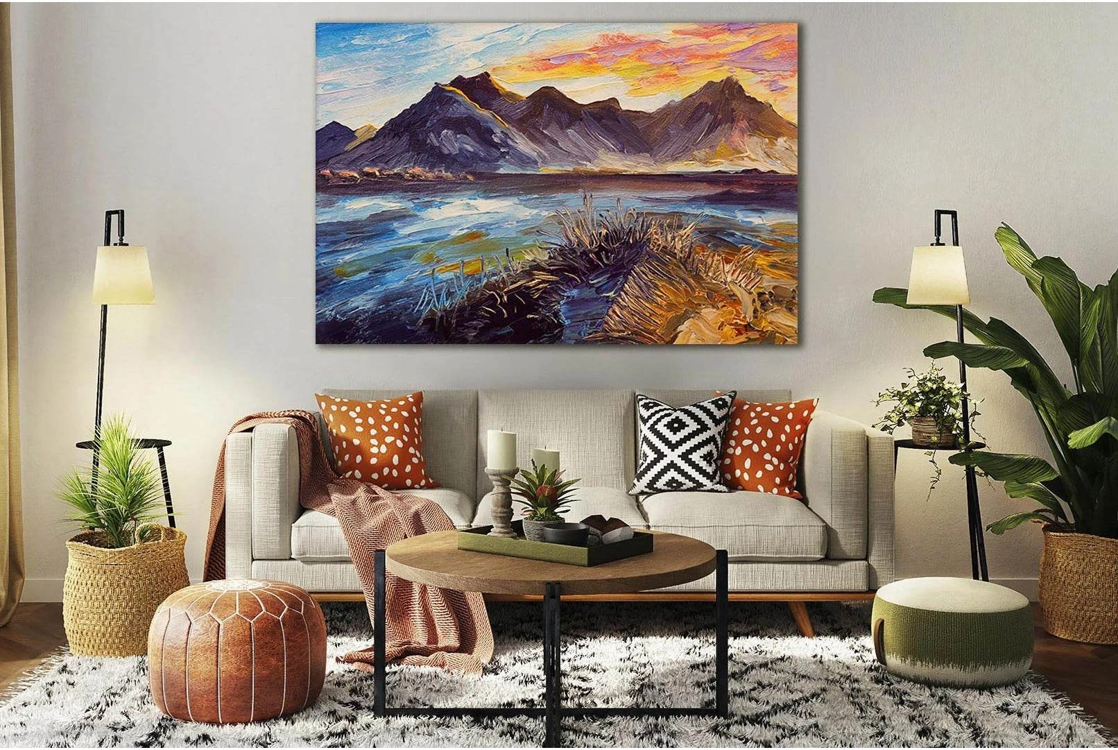 Oil Painting Pink Sunset Sea And Mountains №SL599 Ready to Hang Canvas Print - Zellart Canvas Prints 0new, ALL_Products, Oil Painting Wall Art