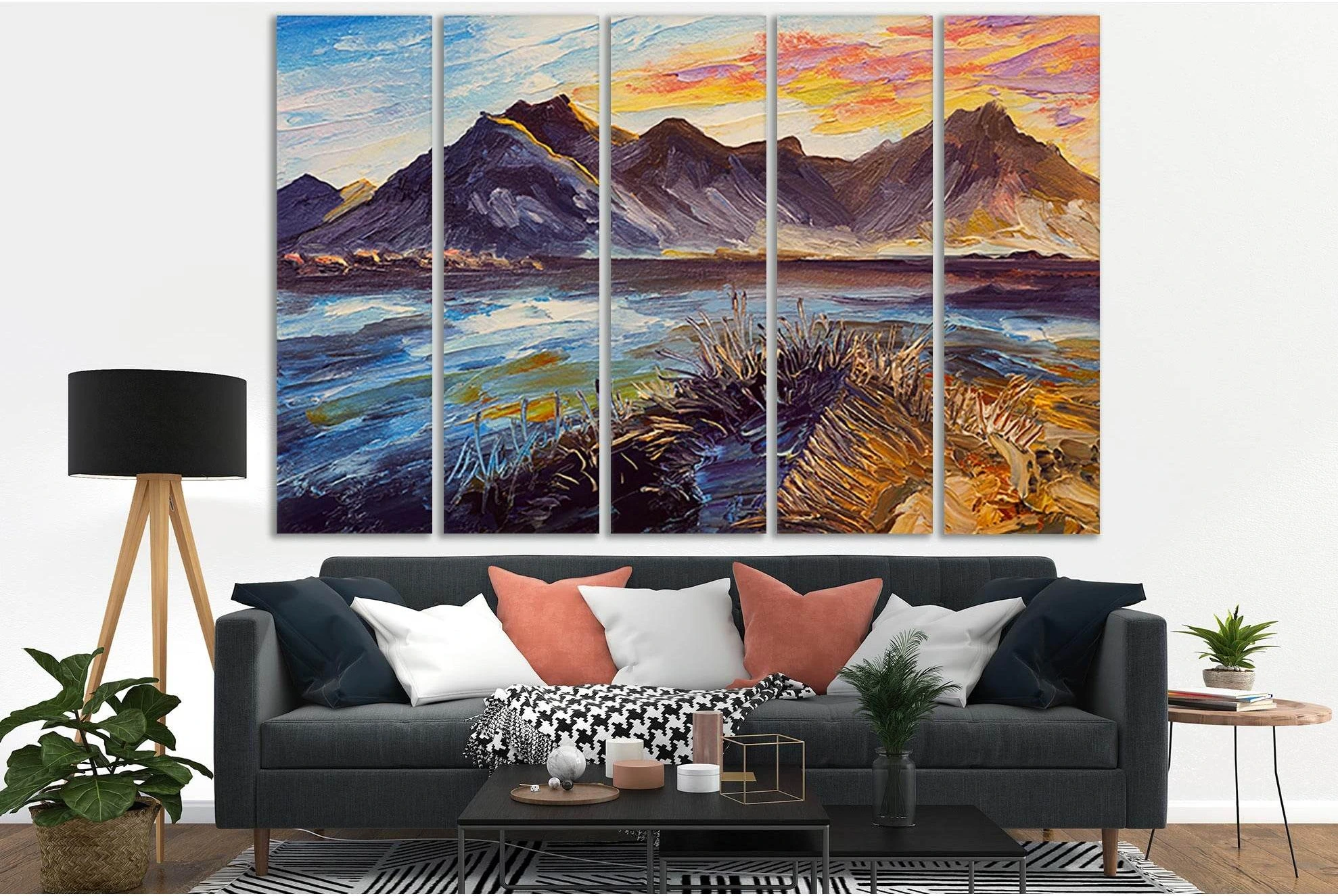 Oil Painting Pink Sunset Sea And Mountains №SL599 Ready to Hang Canvas Print - Zellart Canvas Prints 0new, ALL_Products, Oil Painting Wall Art